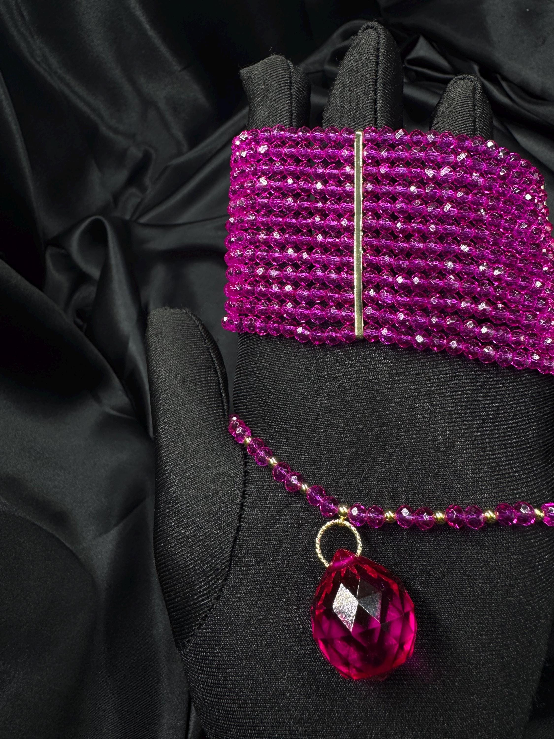 Hot Pink Choker Necklace Chunky Beaded Statement Collar 3-in-1 Convertible Pendant Necklace Bold Fuchsia Summer Jewellery Gift for Her