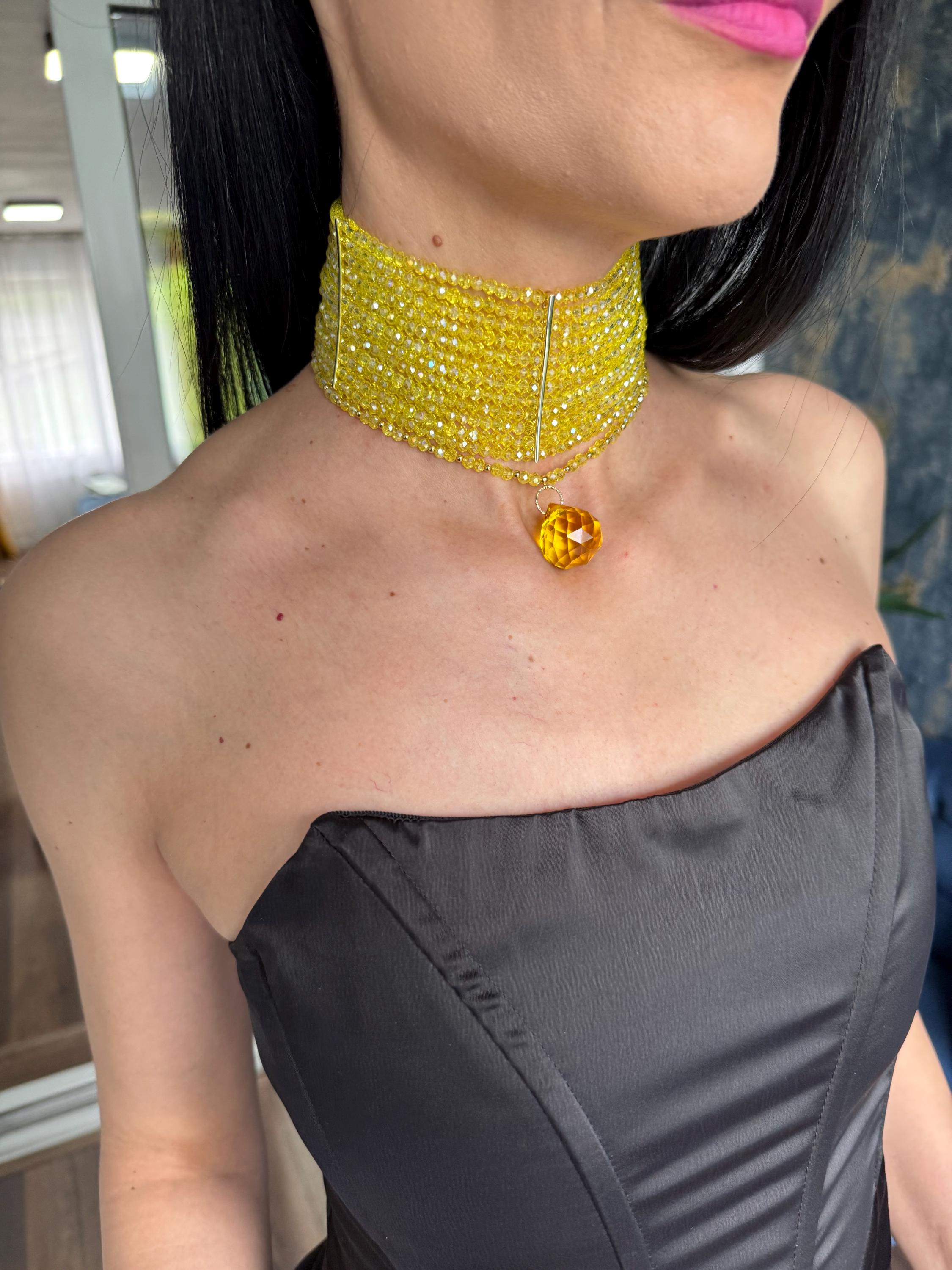 Collar Choker Statement Necklace Multi Way Jewelry Glass Bead Choker Gold Pendant Festival Jewellery Gift Her Festival Jewellery Gift for Her Yellow Statement Choker 3 in 1 Beaded Necklace Glass Bead Collar Convertible Jewelry Hen Party Yellow Glass Bead Choker Necklace Y2K Statement Jewellery 3 in 1 Convertible Choker Gold Pendant Necklace Festival Jewelry Gift