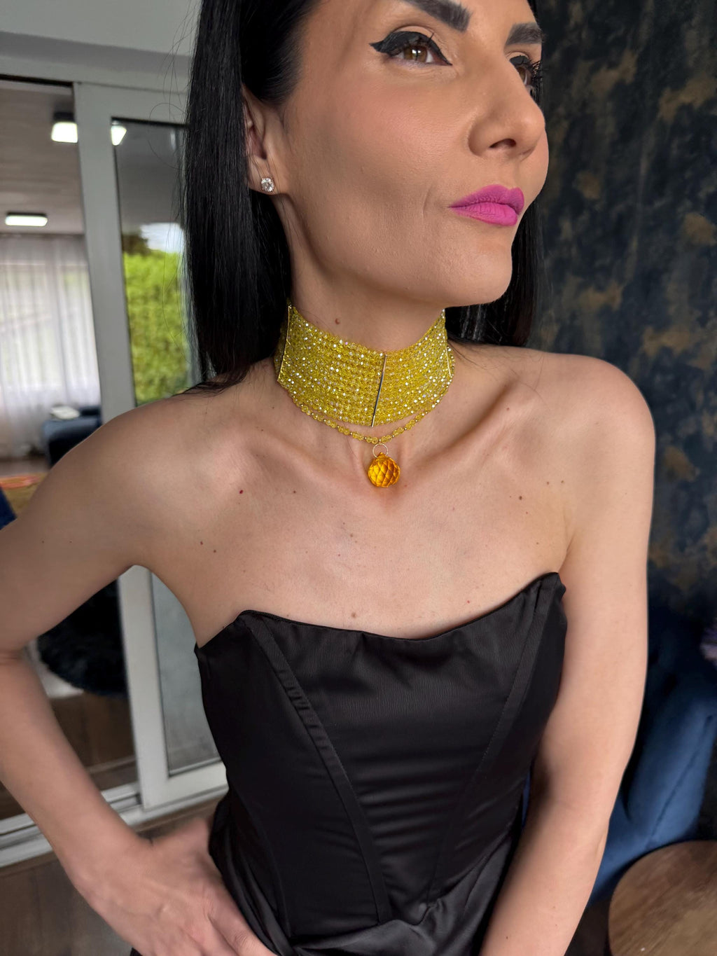 Bold Yellow Necklace Multi Row Choker Vacation Jewelry Colourful Statement Necklace Convertible Pendant Choker Women's Fashion Gift Lemon Yellow Statement Choker Summer Beaded Necklace Bold Collar Necklace Multi Layer Choker Fashion
