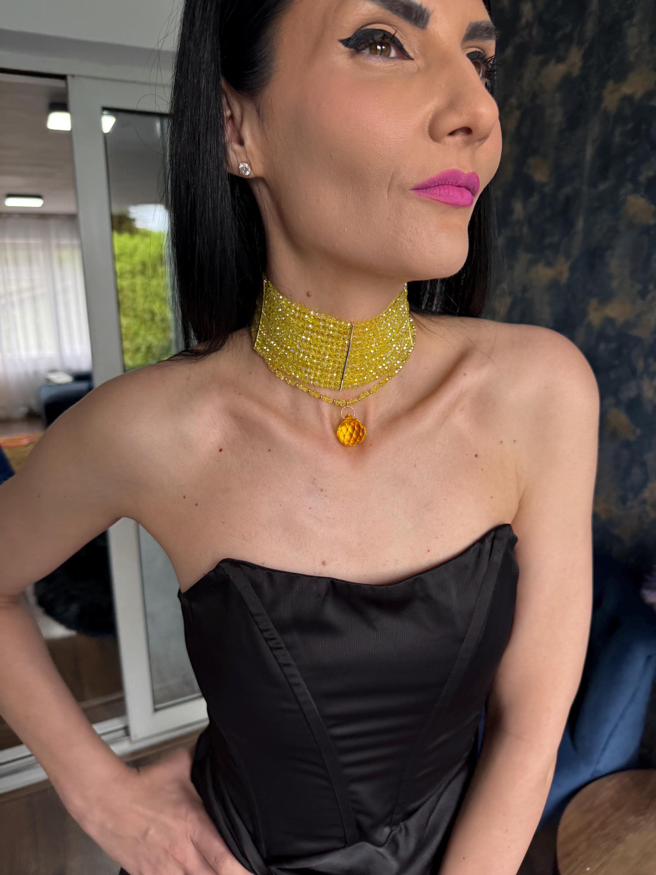 Bold Yellow Necklace Multi Row Choker Vacation Jewelry Colourful Statement Necklace Convertible Pendant Choker Women's Fashion Gift Lemon Yellow Statement Choker Summer Beaded Necklace Bold Collar Necklace Multi Layer Choker Fashion