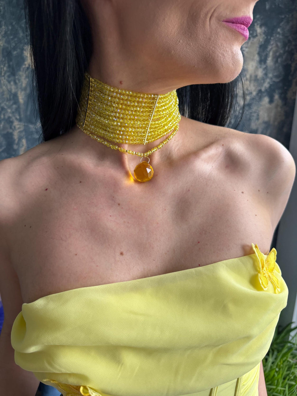 Wide Yellow Beaded Collar Choker, Statement Necklace, Multi Way Jewelry, Glass Bead Choker, Gold Pendant, Festival Jewellery Gift Her Festival Jewellery Gift for Her Yellow Statement Choker 3 in 1 Beaded Necklace Glass Bead Collar Convertible Jewelry Hen Party Yellow Glass Bead Choker Necklace Y2K Statement Jewellery 3 in 1 Convertible Choker Gold Pendant Necklace Festival Jewelry Gift