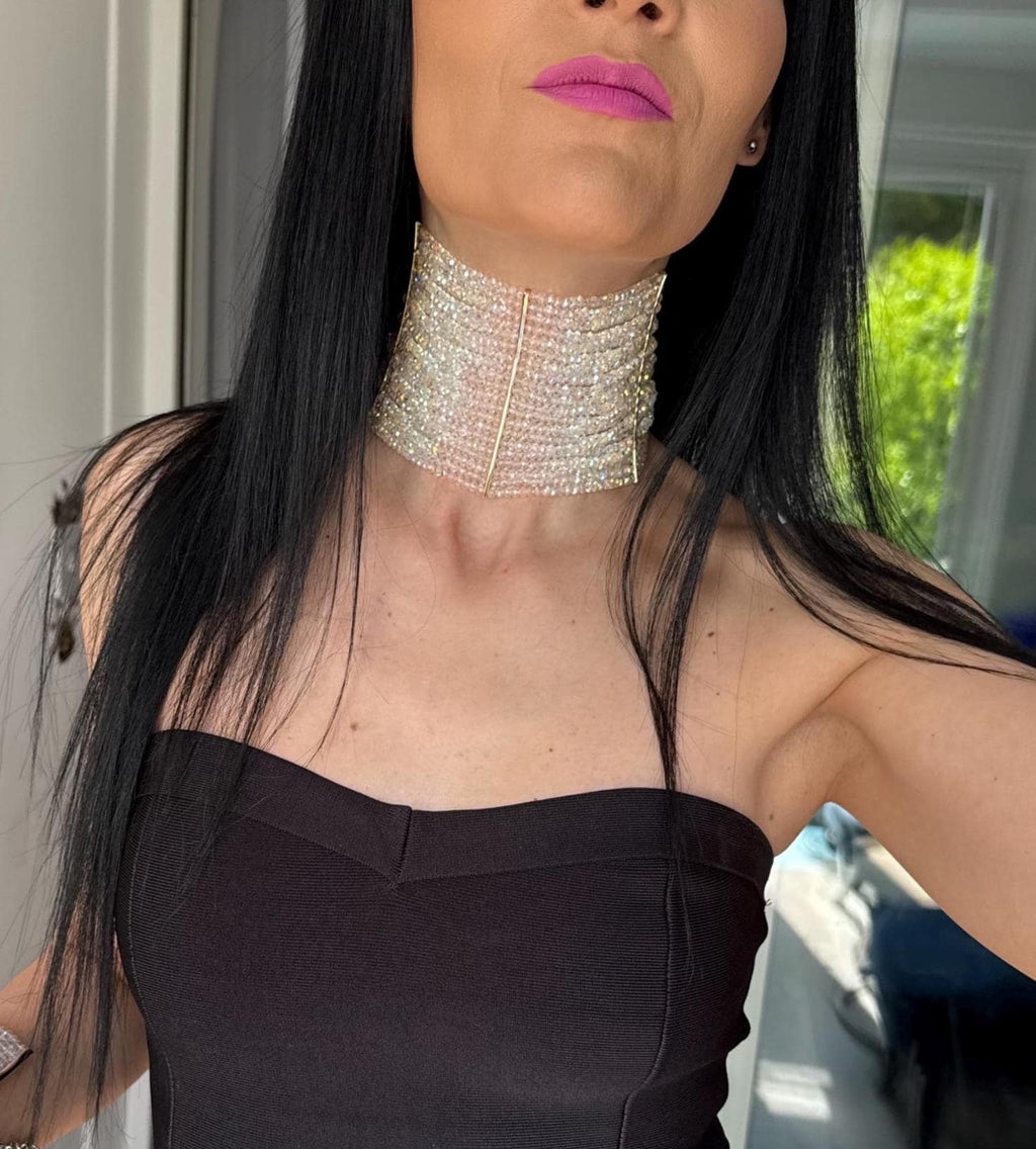 maximalist jewellery, aurora borealis beads, glass bead collar, bold neck accessory, wide beaded neck, evening party wear, bachelorette outfit, prom accessories, wedding guest look, bridal shower gift, cocktail attire, glam occasion wear, handmade uk jewellery
