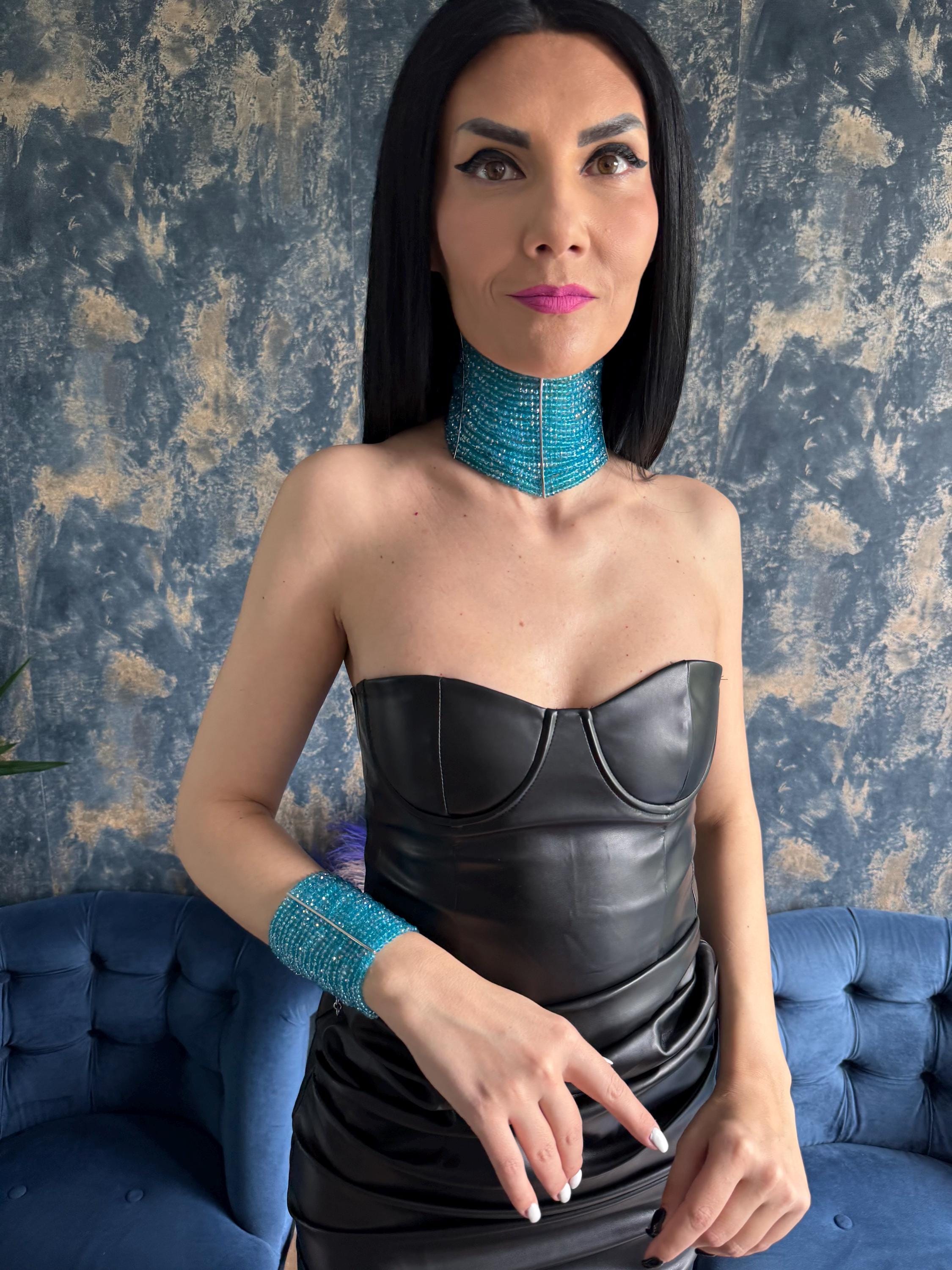 chunky neck collar, layered bead strand, maximalist style, bold neck piece, cocktail party wear, festival outfit, stage performer, birthday present, hen party look, edgy fashion lover, alt aesthetic gift, handmade uk seller, teal crystal drop Teal Aqua Wide Beaded Choker Necklace, Aquamarine Blue Statement Choker, Multi Row Seed Bead Collar Boho Festival Jewellery Gift for Her Teal Aqua Wide Beaded Choker Necklace Multi Row Seed Bead Collar Aquamarine Blue Statement Choker