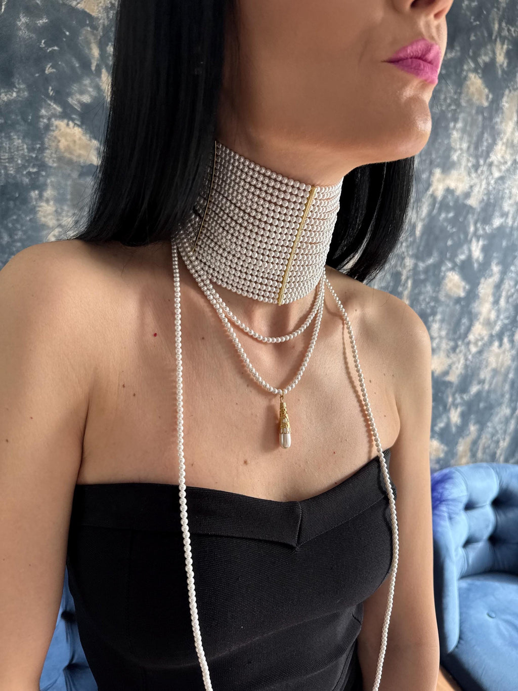 Wide Pearl Choker Necklace Multi Strand Statement Collar Bridal Wedding Jewelry Elegant Luxury Accessory Gold Party Wear Gift for Her