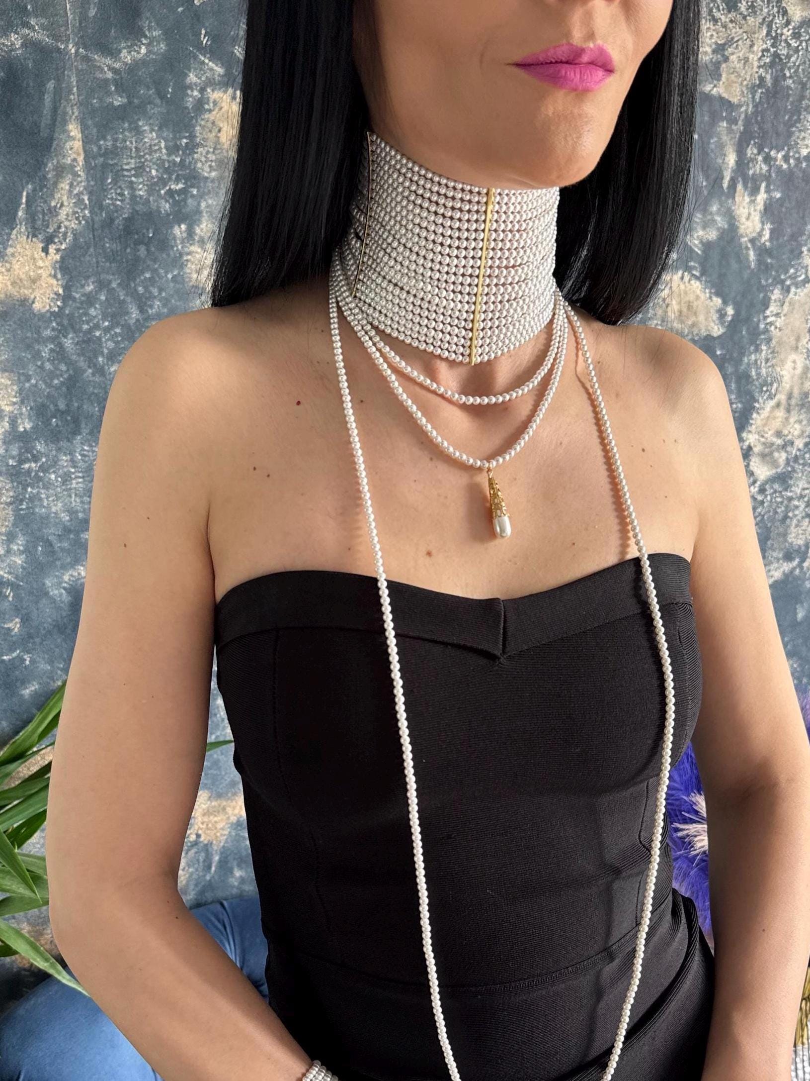 Wide Pearl Choker Necklace Multi Strand Statement Collar Bridal Wedding Jewelry Elegant Luxury Accessory Gold Party Wear Gift for Her