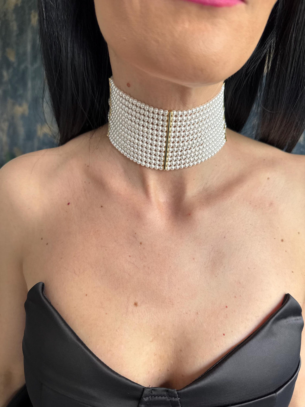 Elegant Pearl Collar Statement Piece Formal Wear Wedding Accessory Neck Detail Gold Finish Custom Length Choker Style Grid Pattern Bridal