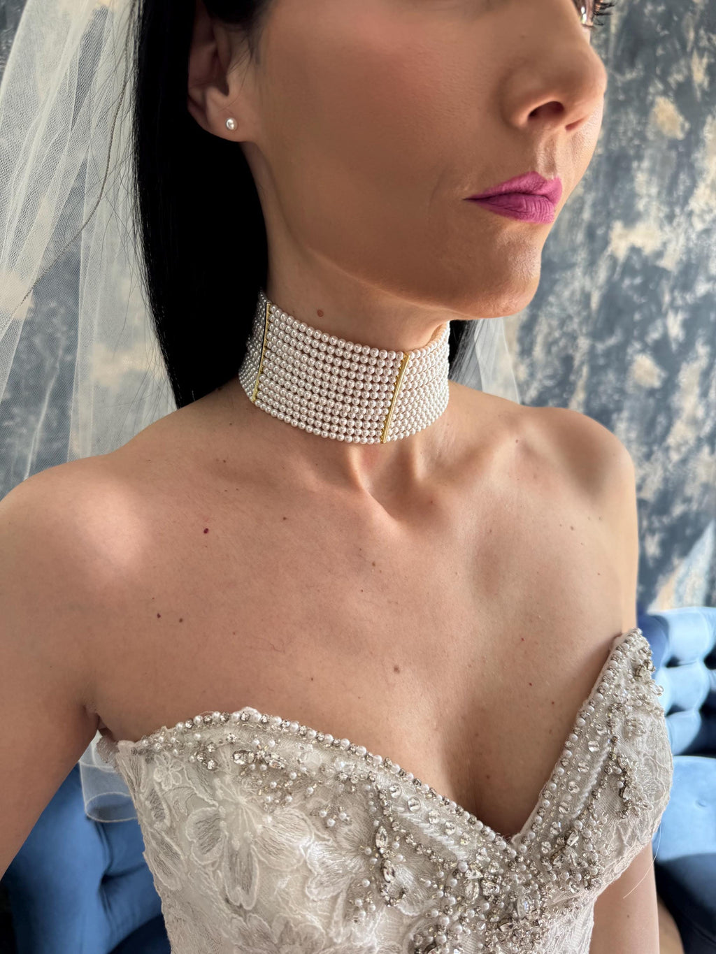 Elegant Pearl Collar Statement Piece Formal Wear Wedding Accessory Neck Detail Gold Finish Custom Length Choker Style Grid Pattern Bridal