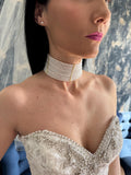 Elegant Pearl Collar Statement Piece Formal Wear Wedding Accessory Neck Detail Gold Finish Custom Length Choker Style Grid Pattern Bridal