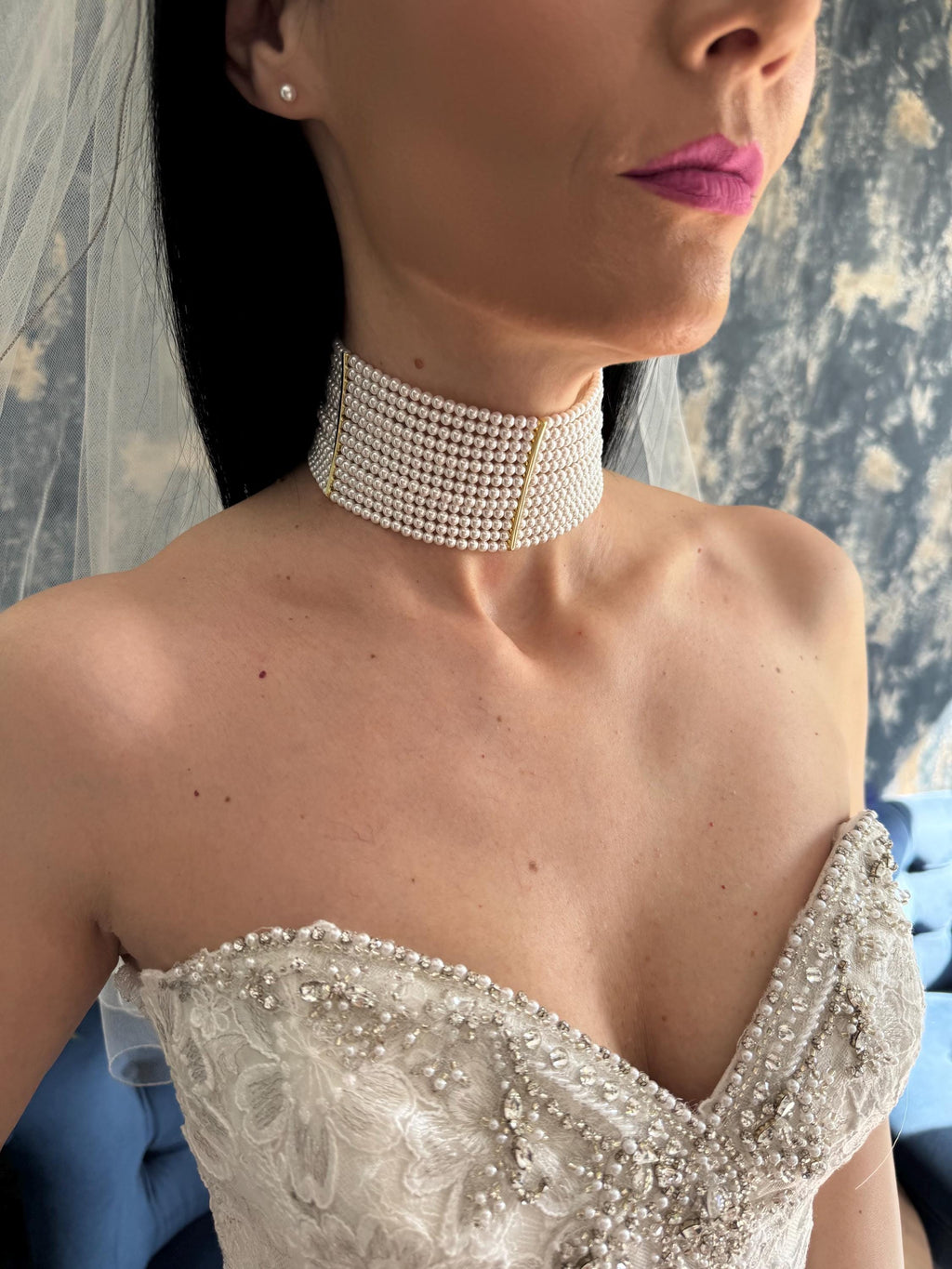 Elegant Pearl Collar Statement Piece Formal Wear Wedding Accessory Neck Detail Gold Finish Custom Length Choker Style Grid Pattern Bridal