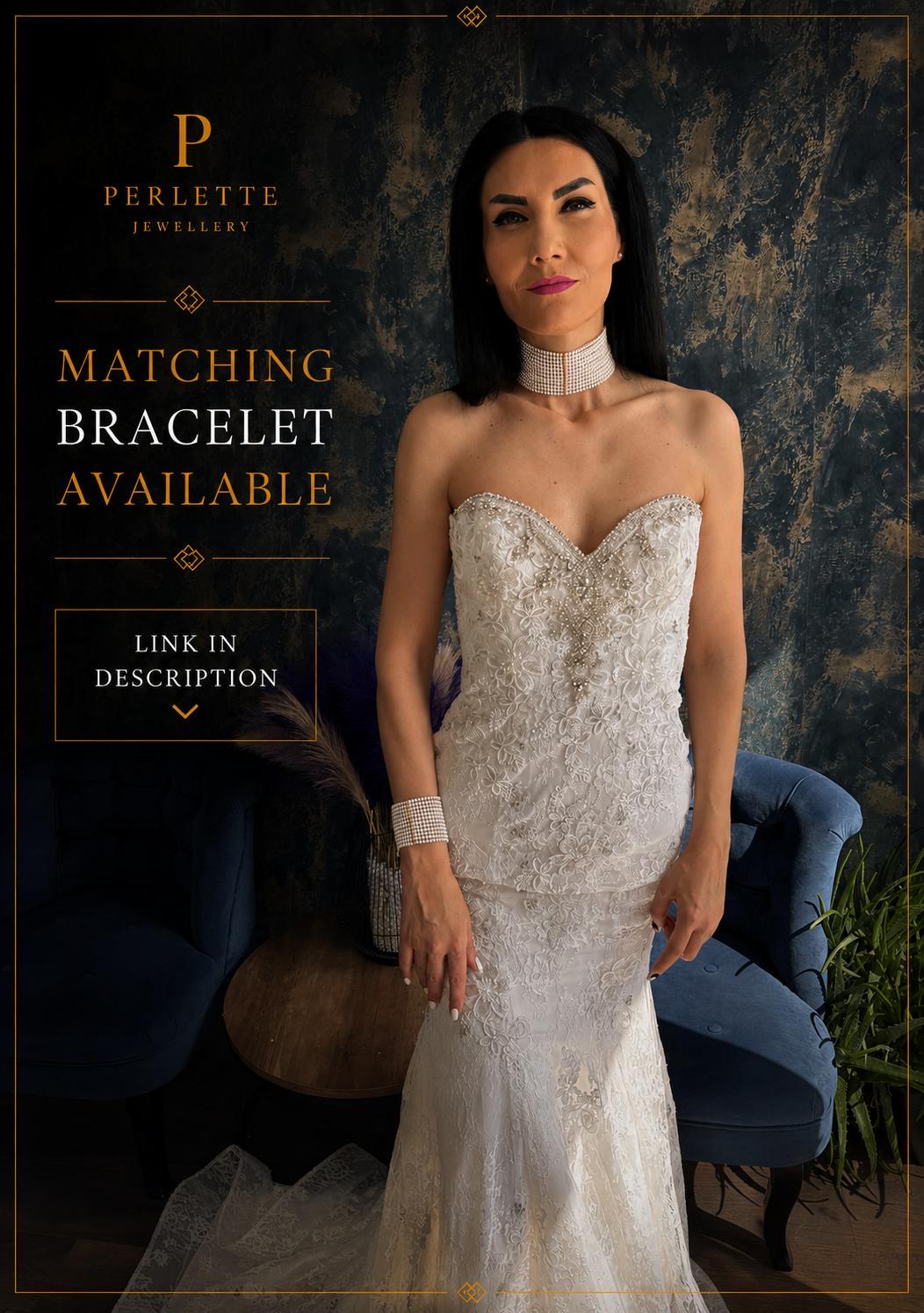 Elegant Pearl Collar Statement Piece Formal Wear Wedding Accessory Neck Detail Gold Finish Custom Length Choker Style Grid Pattern Bridal