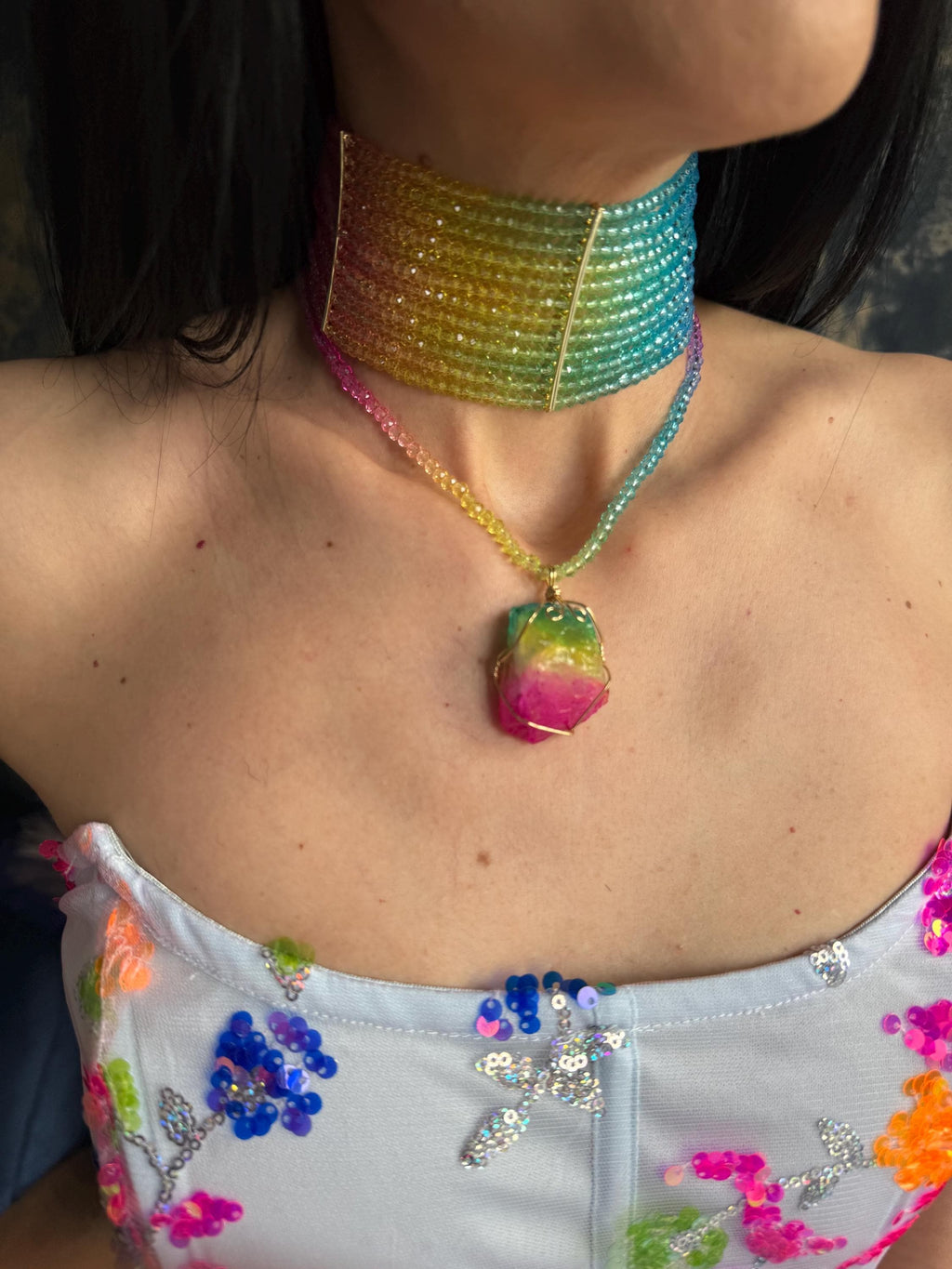 Handmade Rainbow Jewelry Glass Bead Choker Necklace Wide Beaded Collar Statement Piece Gradient Rainbow Spectrum Design Faceted Glass Bead Construction Colorful Statement Necklace Festival Jewelry Collection Pride Fashion Accessory Bold