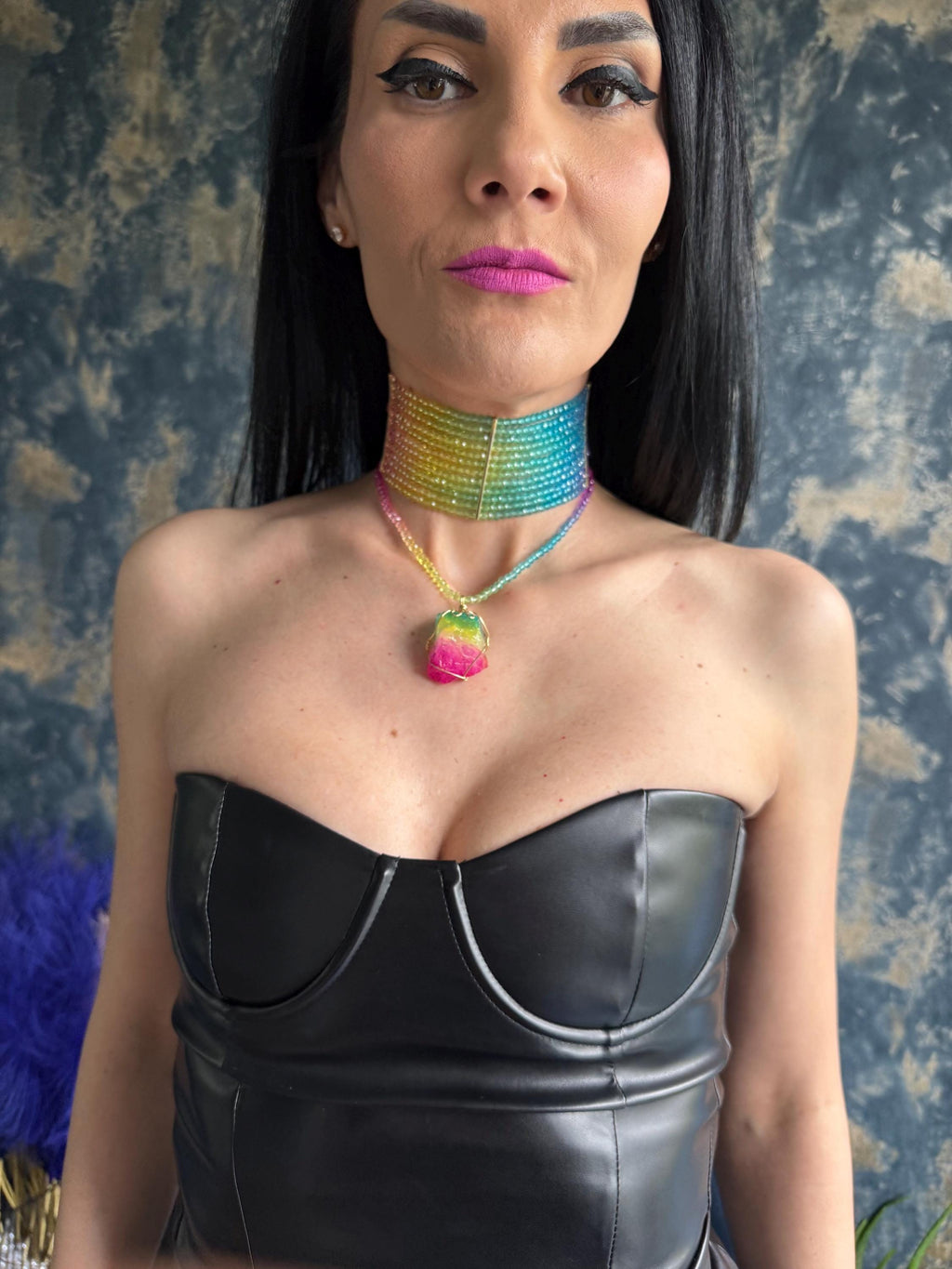 Statement Rainbow Necklace Glass Bead Choker Jewelry Wide Collar Design Bold Fashion Piece Gradient Spectrum Colors Faceted Glass Bead Construction Handmade Rainbow Jewelry Festival Accessory Essential Pride Celebration Necklace Colorful