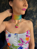 Rainbow Choker Necklace Glass Bead Jewelry Wide Collar Statement Piece Festival Fashion Accessory Pride Celebration Jewelry Colorful Gradient Design Faceted Glass Beads Handmade Construction Bold Statement Necklace Eye Catching Rainbow