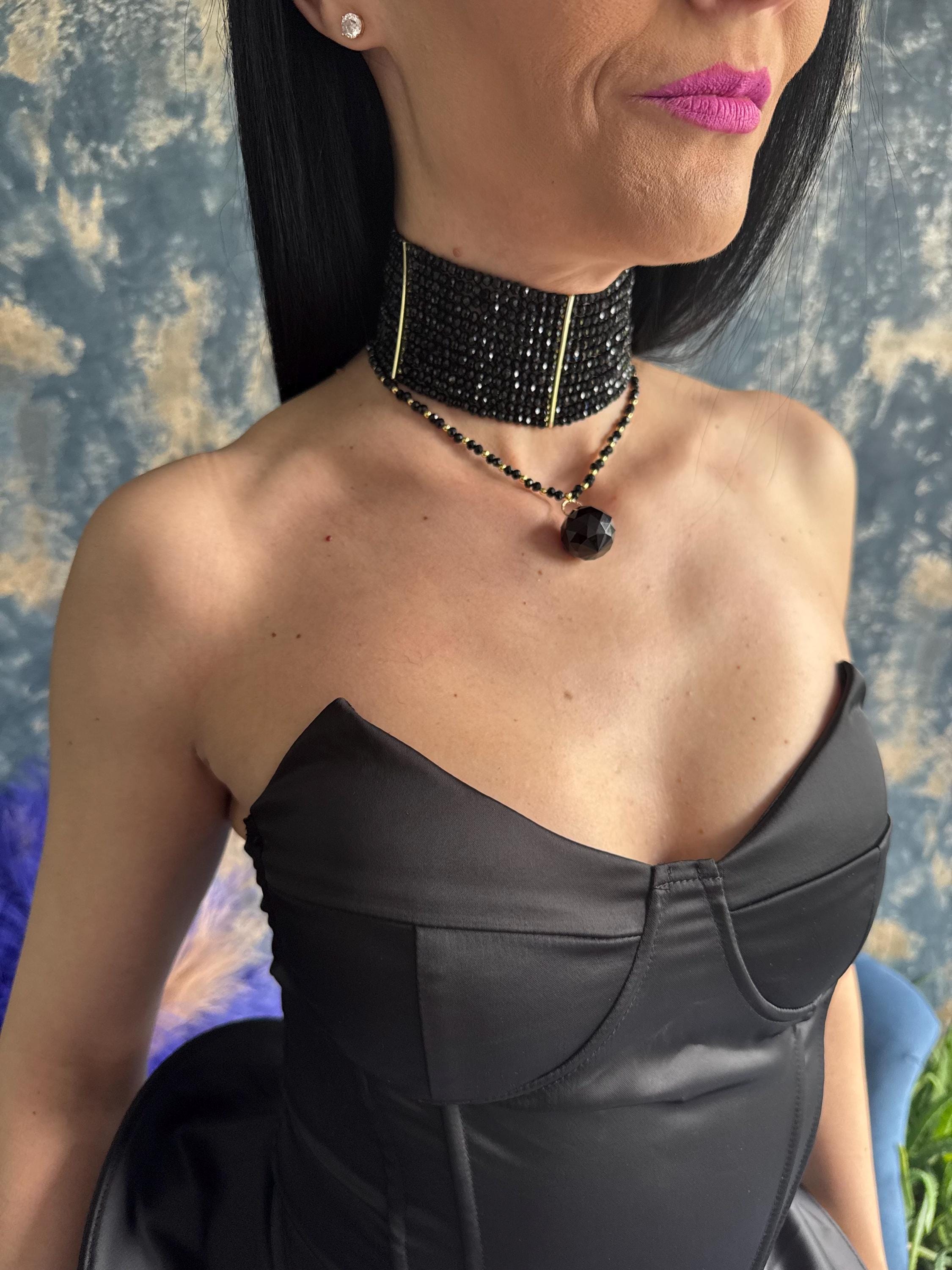 Layered Statement Necklace Gothic Style Jewelry Convertible Choker Design Removable Draped Row Victorian Aesthetic Piece Black Beaded Choker Collection Faceted Teardrop Pendant Crystal Alternative Fashion Accessory Evening Wear Jewelry