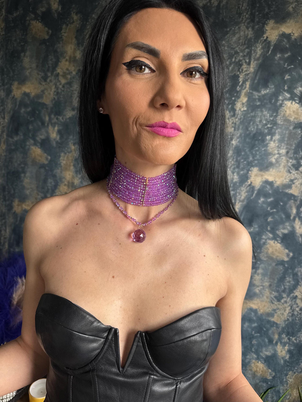Wide Purple Beaded Choker Necklace Faceted Crystal Multi Row Statement Choker 3 Ways to Wear Detachable Drape Jewelry Purple Beaded Statement Necklace Wide Choker with Removable Drape & Pendant Multi Way Convertible Jewellery Going Out Glam Gift