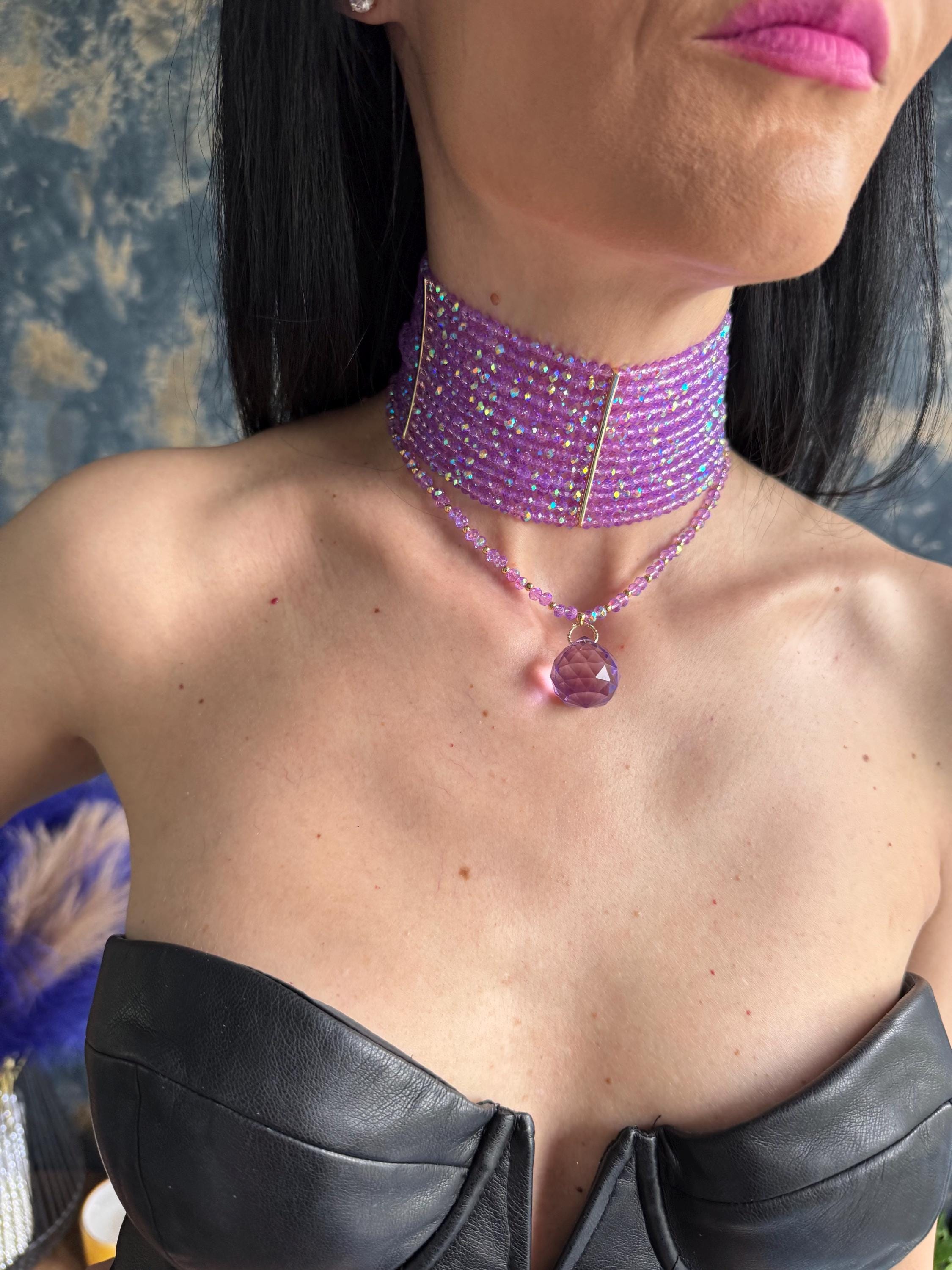 choker necklace lavender necklace  lilac necklace wide beaded choker multi row choker statement choker necklace crystal choker convertible necklace  3 in 1 necklace prom necklace purple removable pendant necklace drape necklace gold plated choker  platinum choker going out jewelry purple jewelry gift for her