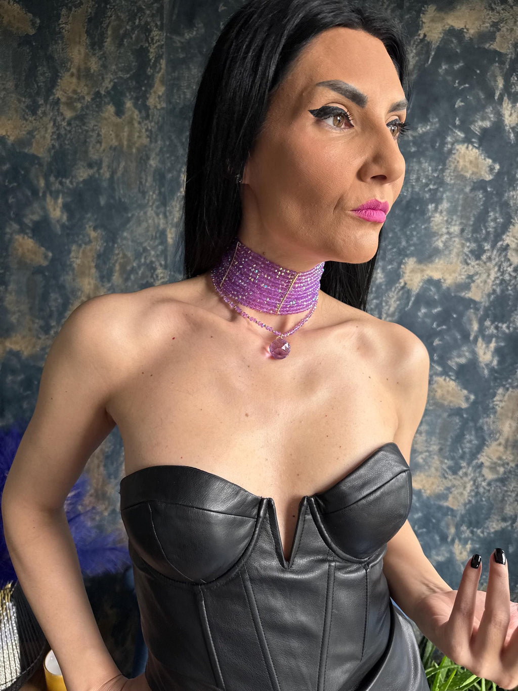 Wide Purple Beaded Choker Necklace Faceted Crystal Multi Row Statement Choker 3 Ways to Wear Detachable DrapeJewelry Purple Beaded Statement Necklace Wide Choker with Removable Drape & Pendant Multi Way Convertible Jewellery Going Out Glam Gift