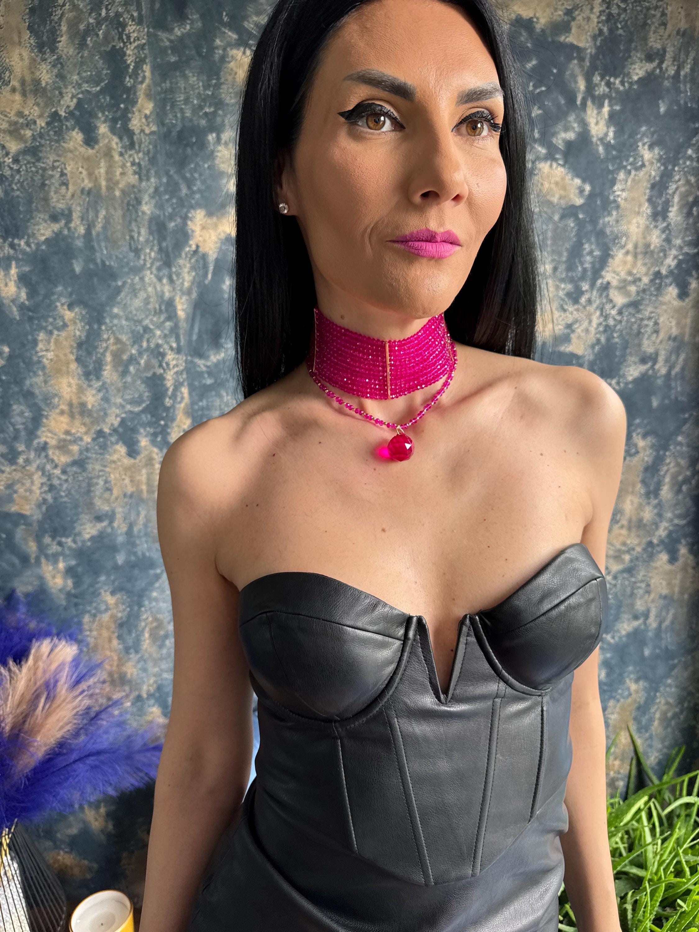 Wide Beaded Collar Detachable Pendant Convertible Jewellery Festival Necklace Gift for Her Hot Pink Choker Necklace  Chunky Beaded Statement Collar 3-in-1 Convertible Pendant Necklace Bachelorette Jewelry Gift for Women Wide Beaded Choker Necklace Hot Pink  Bold Multi Row Statement Collar Convertible Pendant Jewellery Party Necklace
