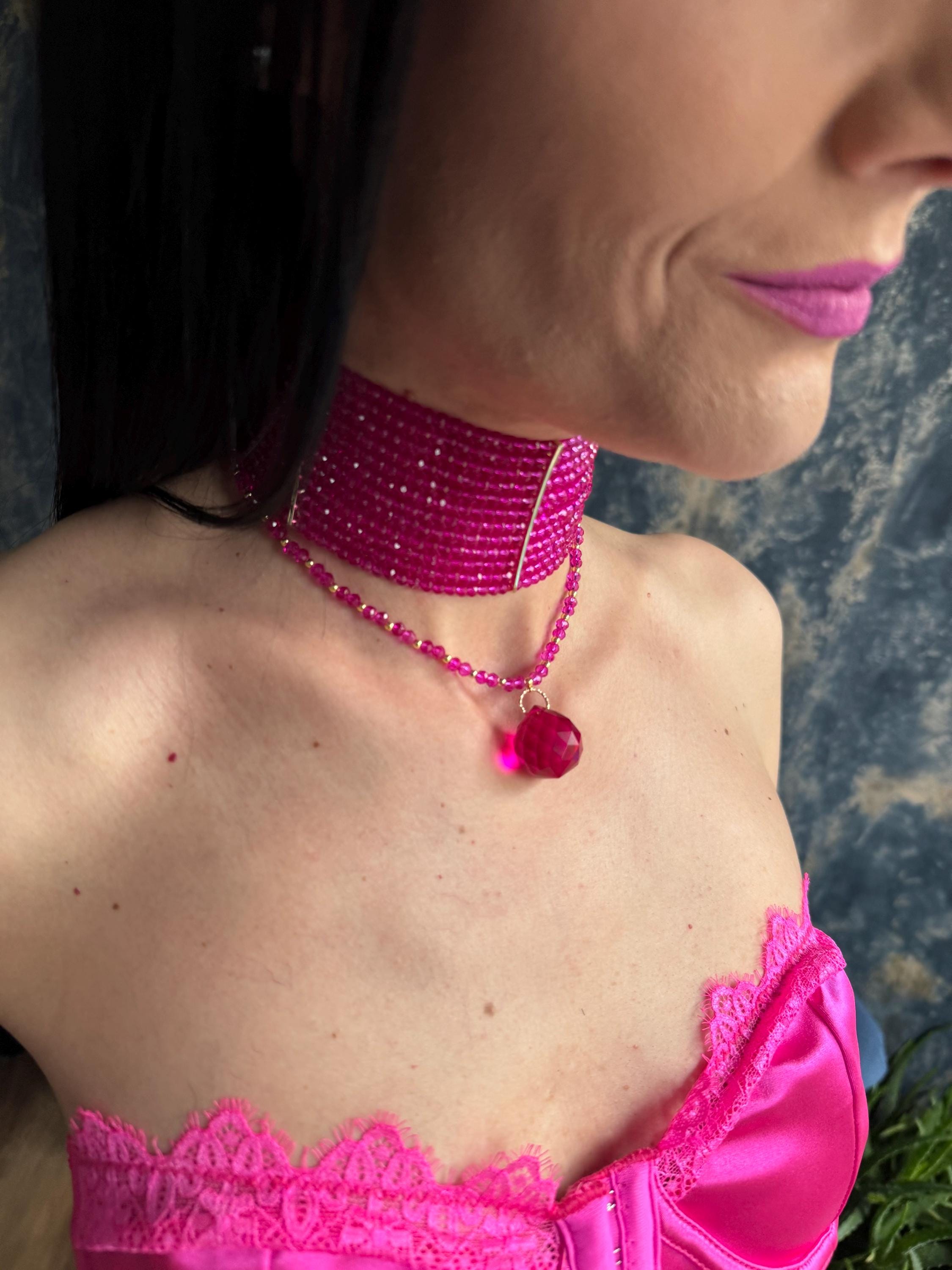 Hot Pink Choker Necklace Chunky Beaded Statement Collar 3-in-1 Convertible Pendant Necklace Bold Fuchsia Summer Jewellery Gift for Her