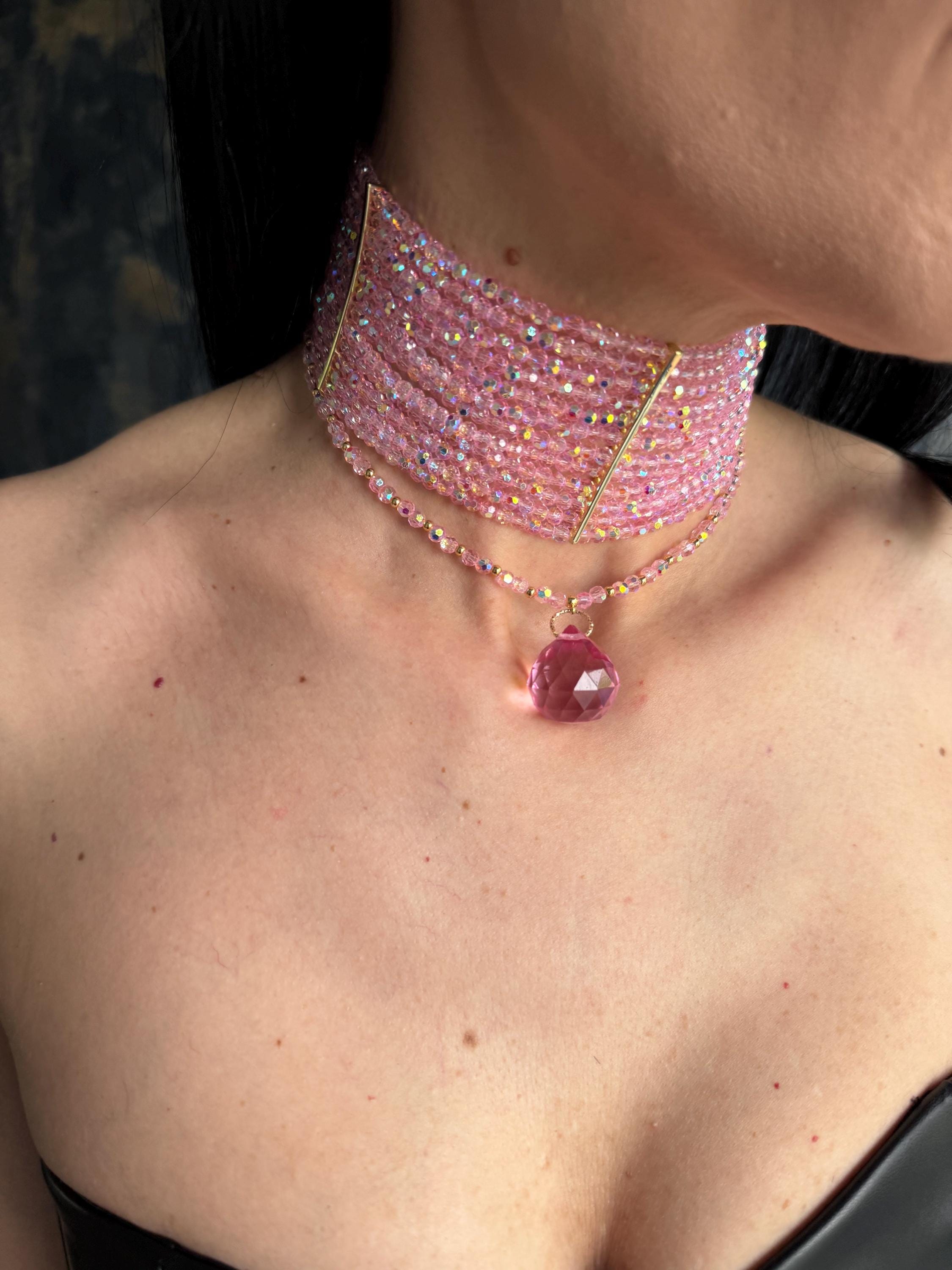 pink sparkly choker wide crystal choker multi row bead choker pink statement necklace coquette necklace convertible necklace pink necklace gift for her layered choker with pendant pink crystal bead necklace wide bead choker necklace teardrop pendant choker statement choker necklace pink jewellery gift women