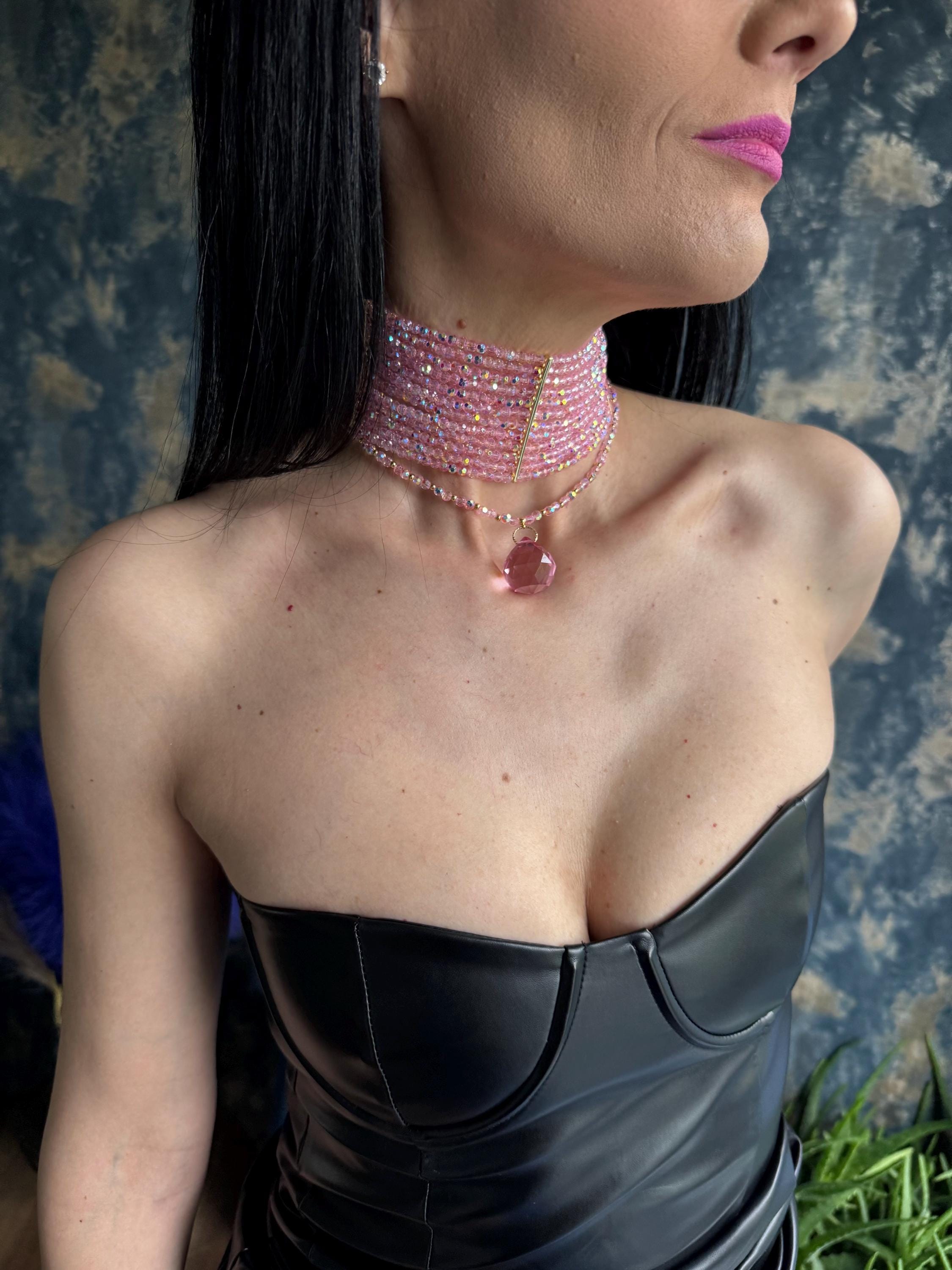 Coquette Jewelry Pink Statement Necklace Wedding Guest Jewelry Glam Necklace Pink Crystal Choker Necklace Layered Pink Jewelry Barbiecore Fashion Accessory Statement Prom Necklace Fairycore Choker Pink Statement Necklace, Removable Drape Choker, Convertible Jewelry Y2K Pink Choker Coquette Aesthetic Necklace Bridal Jewelry