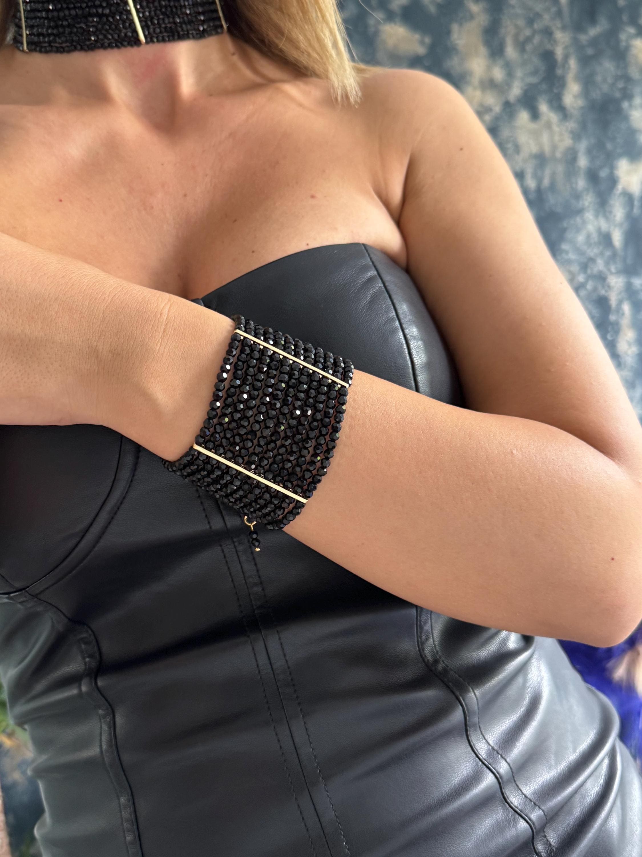 Black Multi Strand Bracelet Gothic Style Evening Wear Jewelry for Halloween Costume Accessory Statement Piece Wide Cuff Design Custom Length