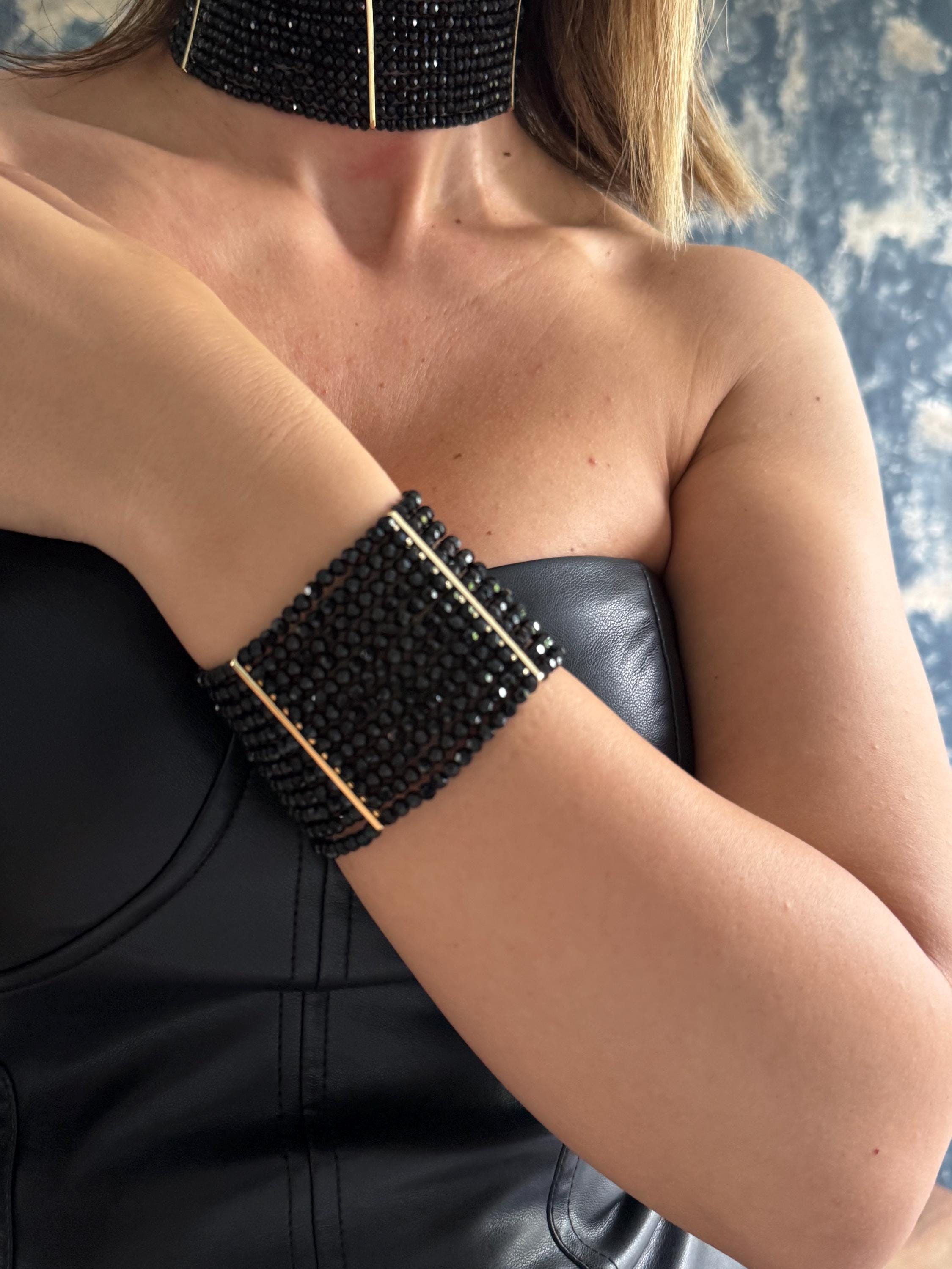 Black Multi Strand Bracelet Gothic Style Evening Wear Jewelry for Halloween Costume Accessory Statement Piece Wide Cuff Design Custom Length