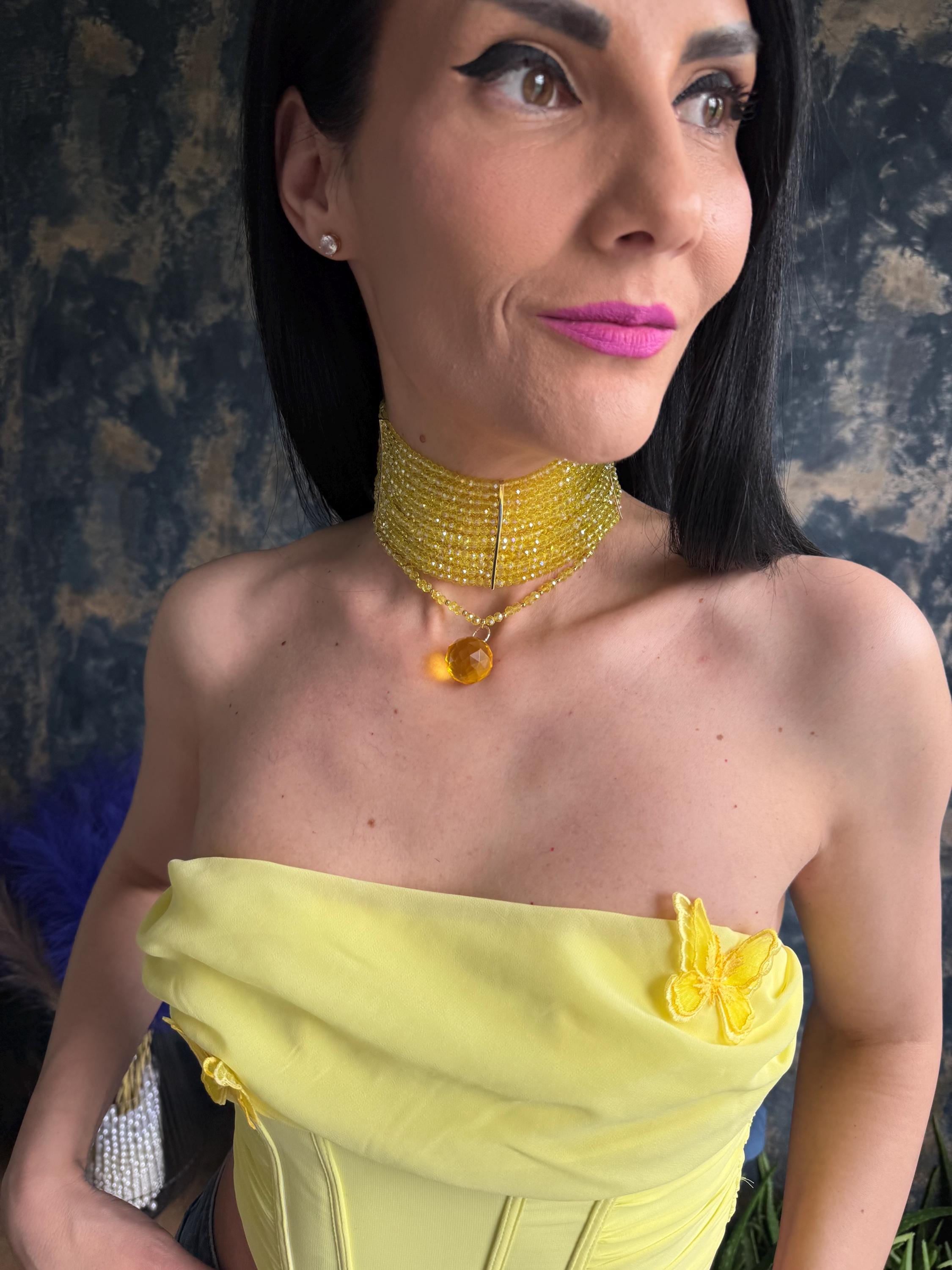 Yellow Necklace Multi Row Choker Vacation Jewelry Colourful Statement Necklace Convertible Pendant Choker Women's Fashion Gift Lemon Yellow Statement Choker Summer Beaded Necklace Bold Collar Necklace Multi Layer Choker Fashion Jewelry Festival Accessory
