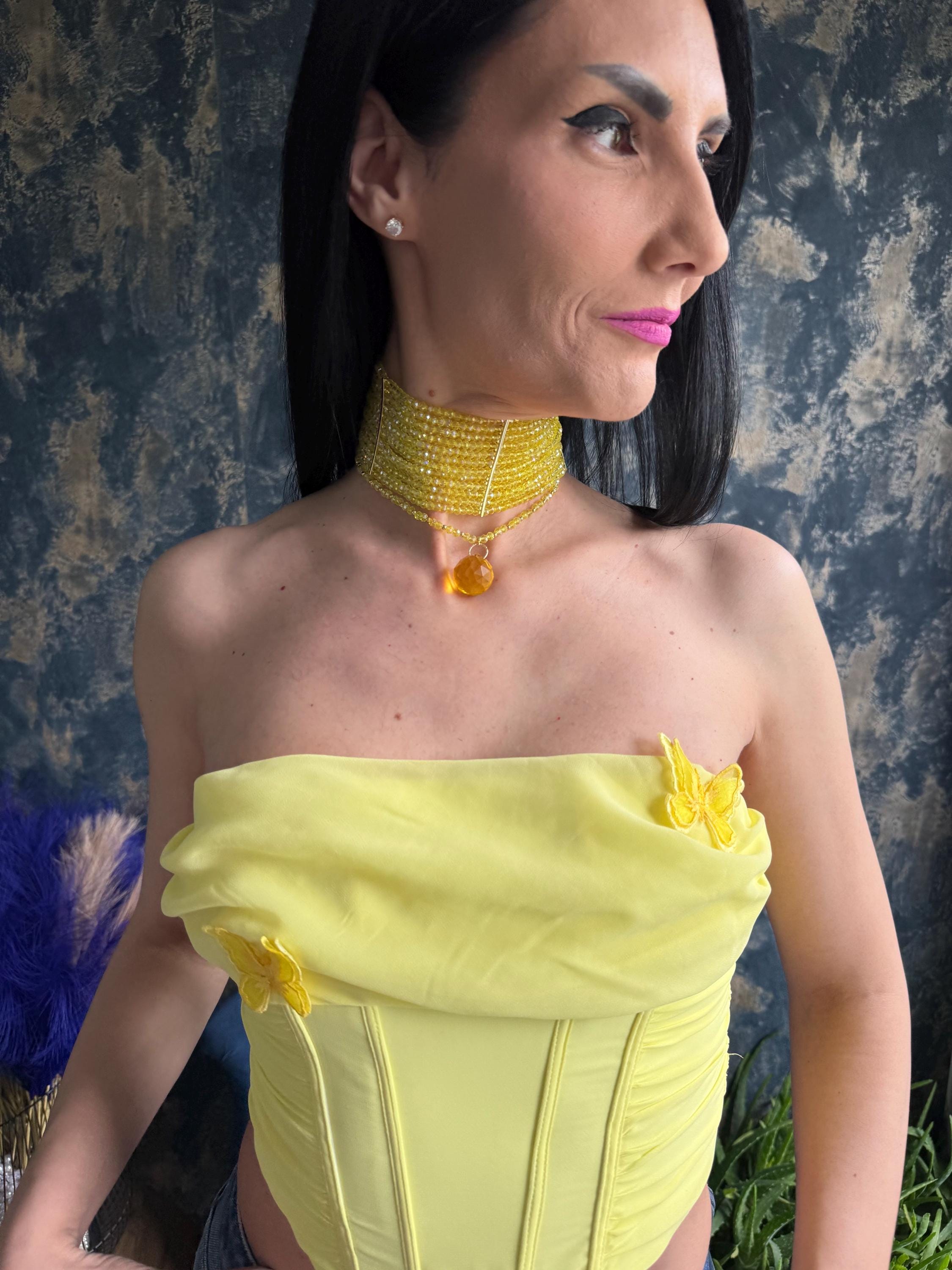 Bold Yellow Necklace Multi Row Choker Vacation Jewelry Colourful Statement Necklace Convertible Pendant Choker Women's Fashion Gift Lemon Yellow Statement Choker Summer Beaded Necklace Bold Collar Necklace Multi Layer Choker