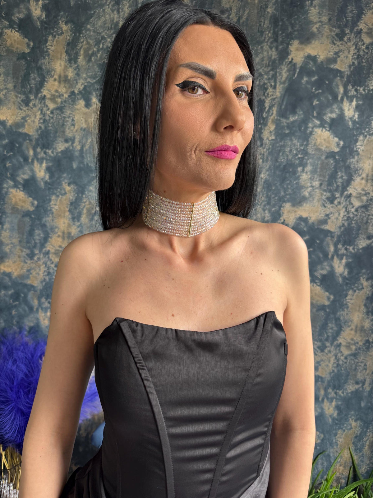 Drag Queen Burlesque Jewellery Gold Bar Rhinestone Collar Gift Bridal AB Crystal Choker Wide Iridescent Beaded Statement Necklace Wedding Jewellery Sparkly Rhinestone Collar with Gold Bars Iridescent AB Crystal Choker Necklace Wide Sparkly Statement Collar Rhinestone Bridal Wedding Jewelry Gift for Women