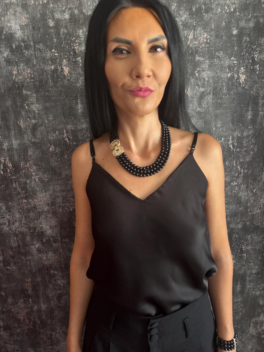 Bridal Gift Triple Strand Onyx Choker Necklace Black Gemstone Beaded Necklace Pave Clasp Gold Plated Custom Sizes Wedding Jewellery Gift Onyx Beaded Necklace Black Gemstone Statement Choker Crystal Clasp Gold or Platinum Plated Multi Strand Mother of the Bride Black Onyx Necklace Multi Strand Beaded Choker Rhinestone Clasp