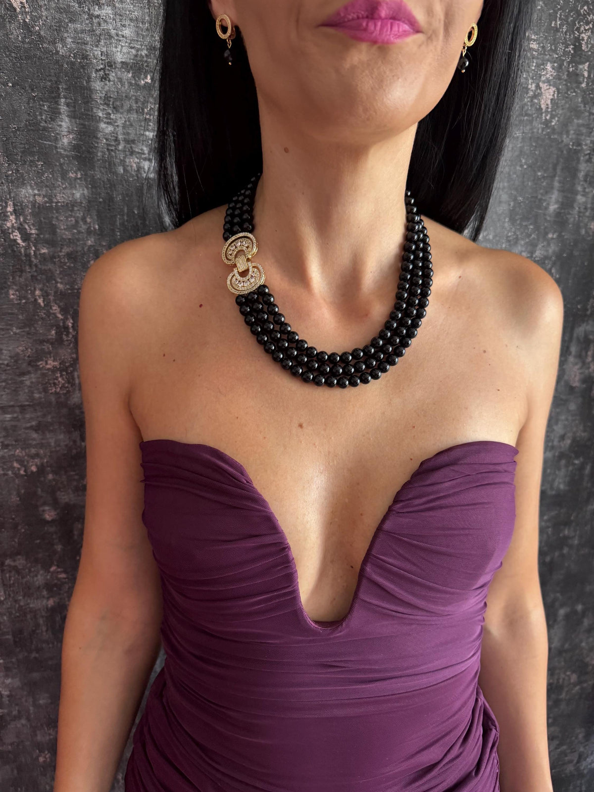 Black Onyx Statement Necklace Triple Strand Beaded Choker Pave Crystal Clasp Gold or Platinum Custom Size 14-40in Bridal Gift Triple Strand Onyx Choker Necklace Black Gemstone Beaded Necklace Pave Clasp Gold Plated Custom Sizes Wedding Jewellery Gift Onyx Beaded Necklace Black Gemstone Statement Choker Crystal Clasp Gold