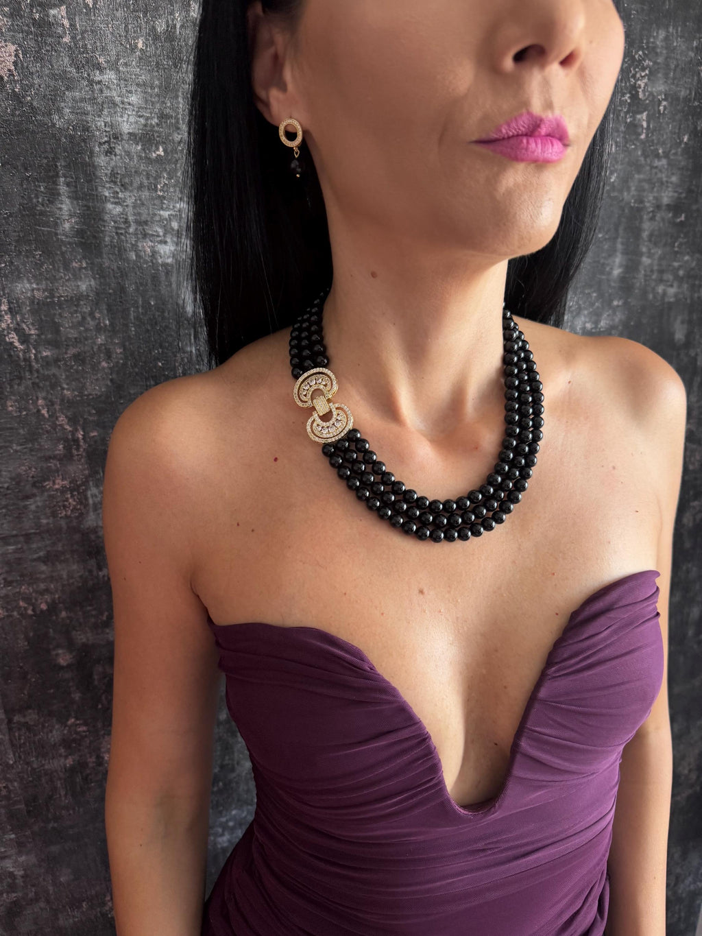 Black Onyx Statement Necklace Triple Strand Beaded Choker Pave Crystal Clasp Gold or Platinum Custom Size 14-40in Bridal Gift Triple Strand Onyx Choker Necklace Black Gemstone Beaded Necklace Pave Clasp Gold Plated Custom Sizes Wedding Jewellery Gift Onyx Beaded Necklace Black Gemstone Statement Choker Crystal Clasp Gold or Platinum Plated Multi Strand Mother of the Bride Black Onyx Necklace Multi Strand Beaded Choker Rhinestone Clasp