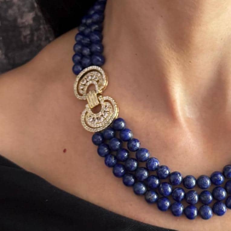 Natural Lapis Lazuli Elegant Beaded Necklace Triple Strand Blue Gemstone Statement Necklace Chunky Round Layered Custom Size Jewelry Gift