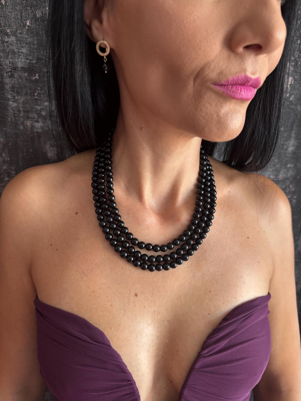 Triple Strand Onyx Choker Necklace Black Gemstone Beaded Necklace Pave Clasp Gold Plated Custom Sizes Wedding Jewellery Gift Onyx Beaded Necklace Black Gemstone Statement Choker Crystal Clasp Gold or Platinum Plated Multi Strand Mother of the Bride Black Onyx Necklace Multi Strand Beaded Choker Rhinestone Clasp