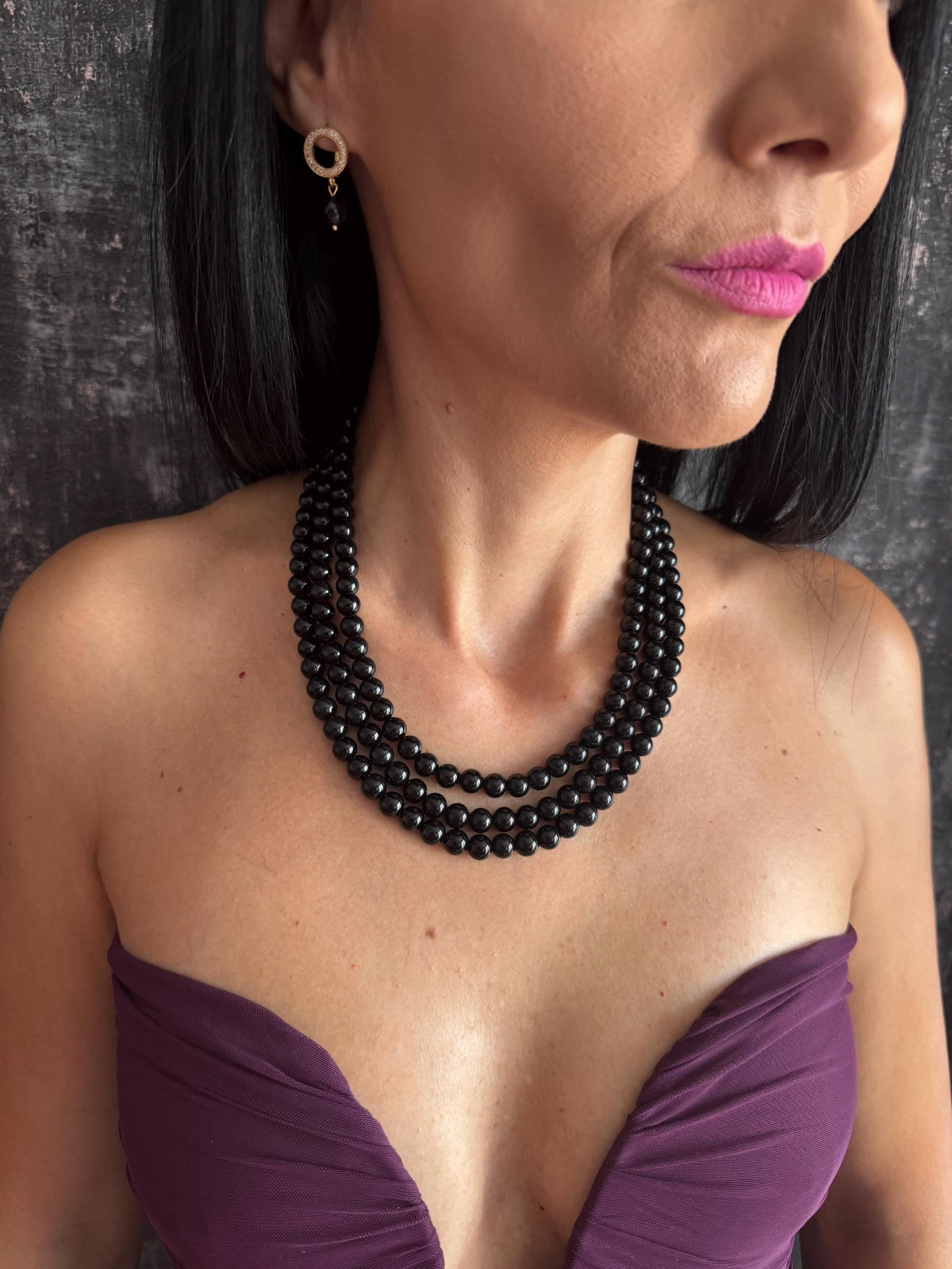 Triple Strand Onyx Choker Necklace Black Gemstone Beaded Necklace Pave Clasp Gold Plated Custom Sizes Wedding Jewellery Gift Onyx Beaded Necklace Black Gemstone Statement Choker Crystal Clasp Gold or Platinum Plated Multi Strand Mother of the Bride Black Onyx Necklace Multi Strand Beaded Choker Rhinestone Clasp
