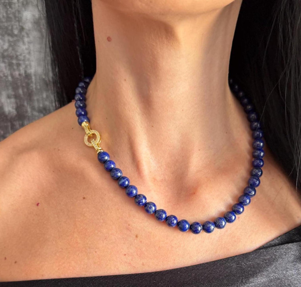 Lazuli Necklace Natural Lapis Necklace Lapis Lazuli Choker Blue Gemstone Necklace Lapis Necklace for Women Natural Gemstone Necklace Lapis Bead Necklace 8mm Bead Necklace Blue Beaded Necklace Royal Blue Necklace Gemstone Choker Statement Necklace September Birthstone September Birthday Gift Gift for Her Gold Lapis Necklace Blue Stone Necklace Classic Gemstone Jewellery