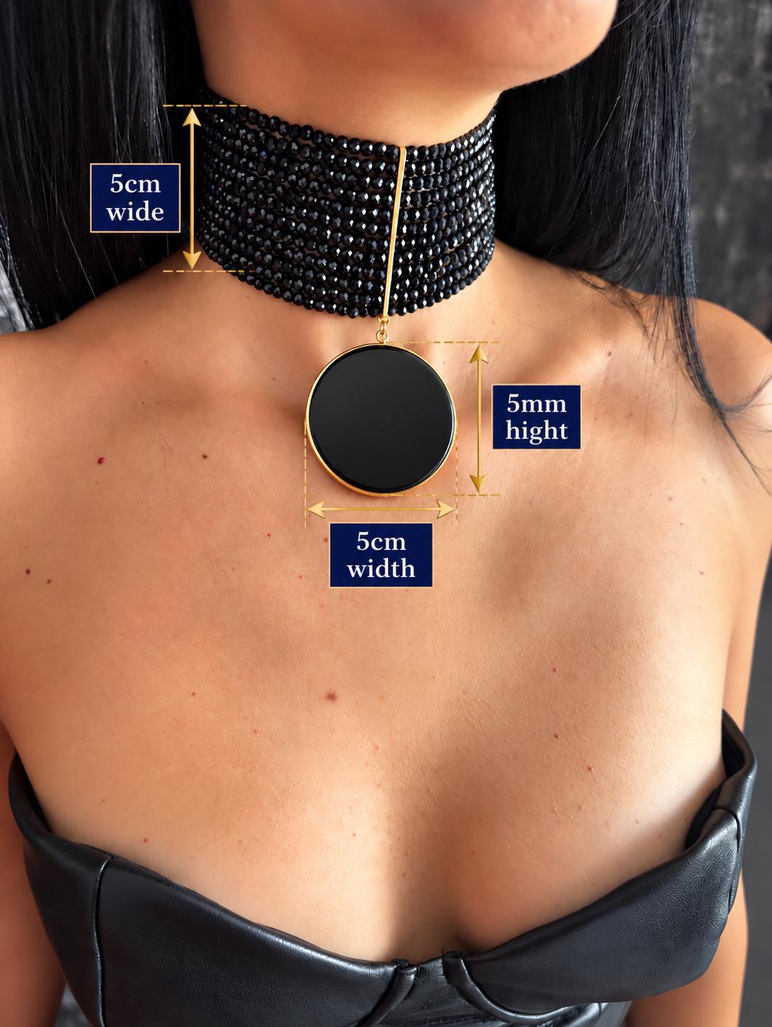 Black Onyx Choker Necklace Gothic Wide Gemstone Collar with Obsidian Pendant Custom Size Jewellery Grounding Protection Crystal Jewelry