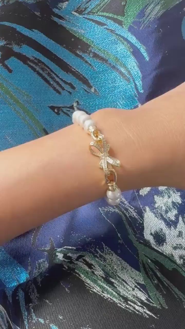 White Pearl Bracelet Bow Clasp Jewelry Gift Stocking Filler Secret Santa for Women Christmas Present Idea Elegant Stretch Beaded Jewelry
