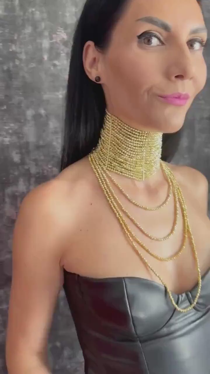 Gold Statement Necklace Wide Multi Strand Beaded Choker Bold Evening Christmas Party Necklace Cascading Strands Chunky Draped Gatsby Collar