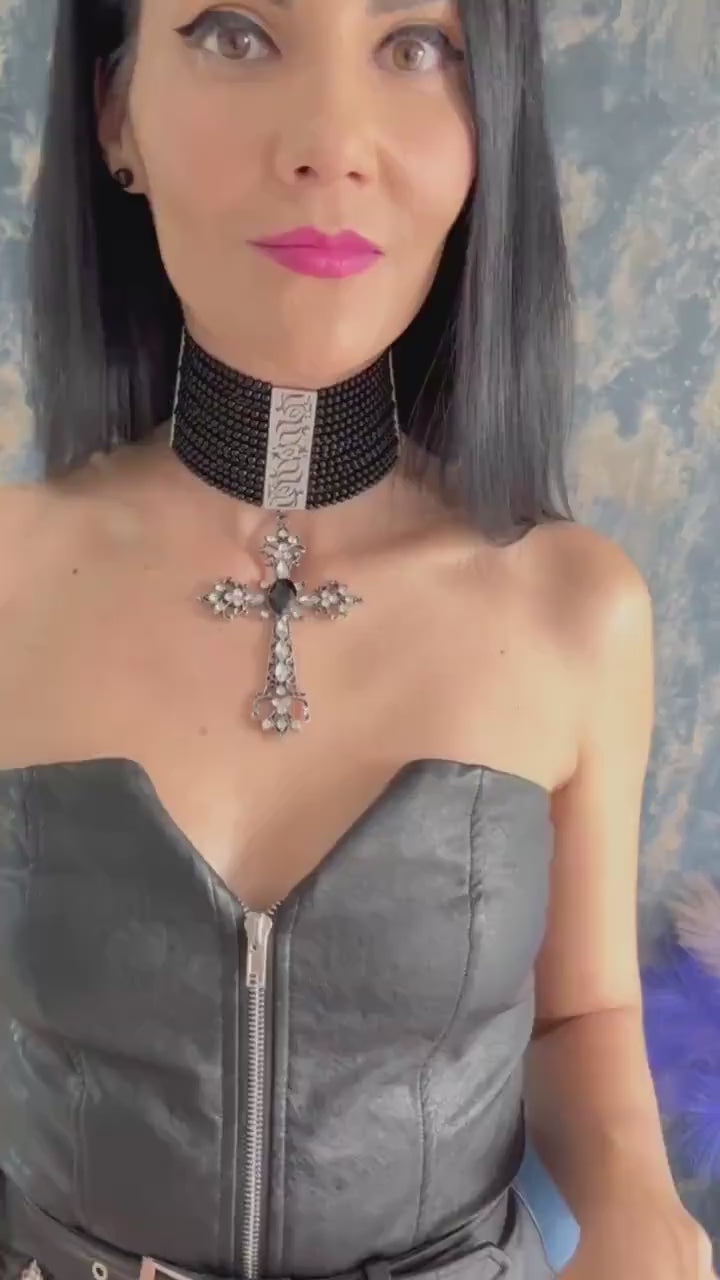 Black Agate Choker Necklace Handmade Gothic Jewelry Statement Silver Cross Pendant Style Alternative Fashion Accessory Bold Beaded Collar
