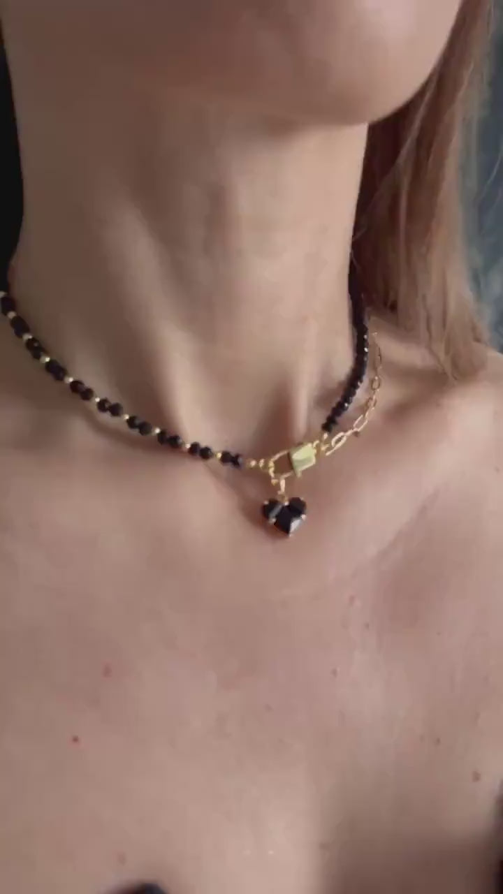 Black Spinel Choker Necklace Gold Heart Natural Spinel Jewelry Gemstone Chain Valentines Gift in Box