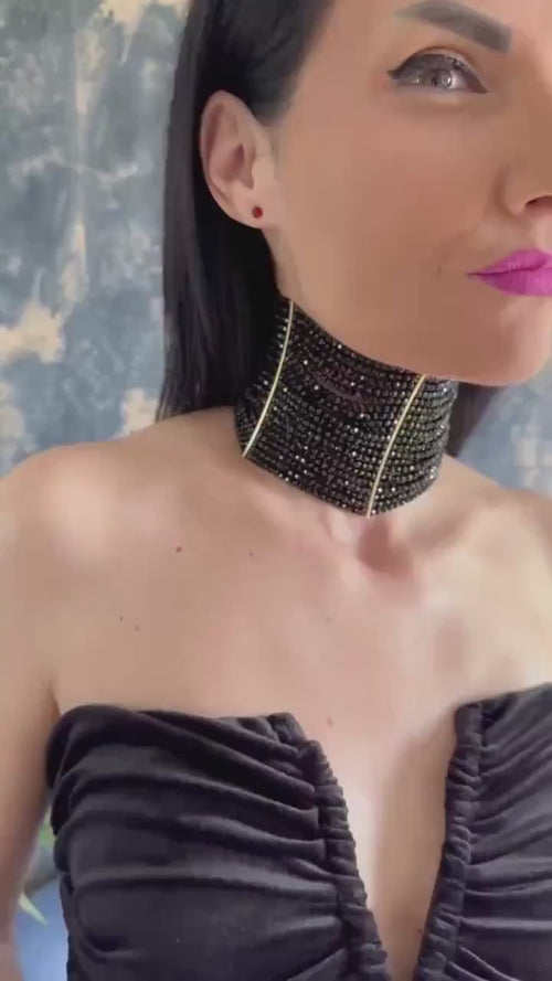 Wide Black Shiny Bead Choker Gothic Statement Collar Necklace Multi Strand Beaded Choker Dramatic Formal Neck Piece Victorian Evening Wear