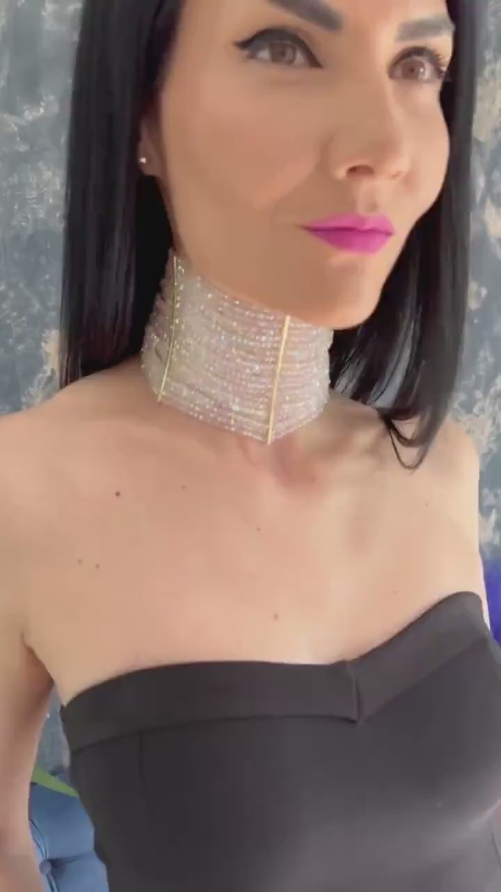 Wide AB Crystal Choker Necklace Iridescent Beaded Collar Sparkly Multi-Row Statement Necklace Festival Look Rhinestone Jewelry Gift for Her