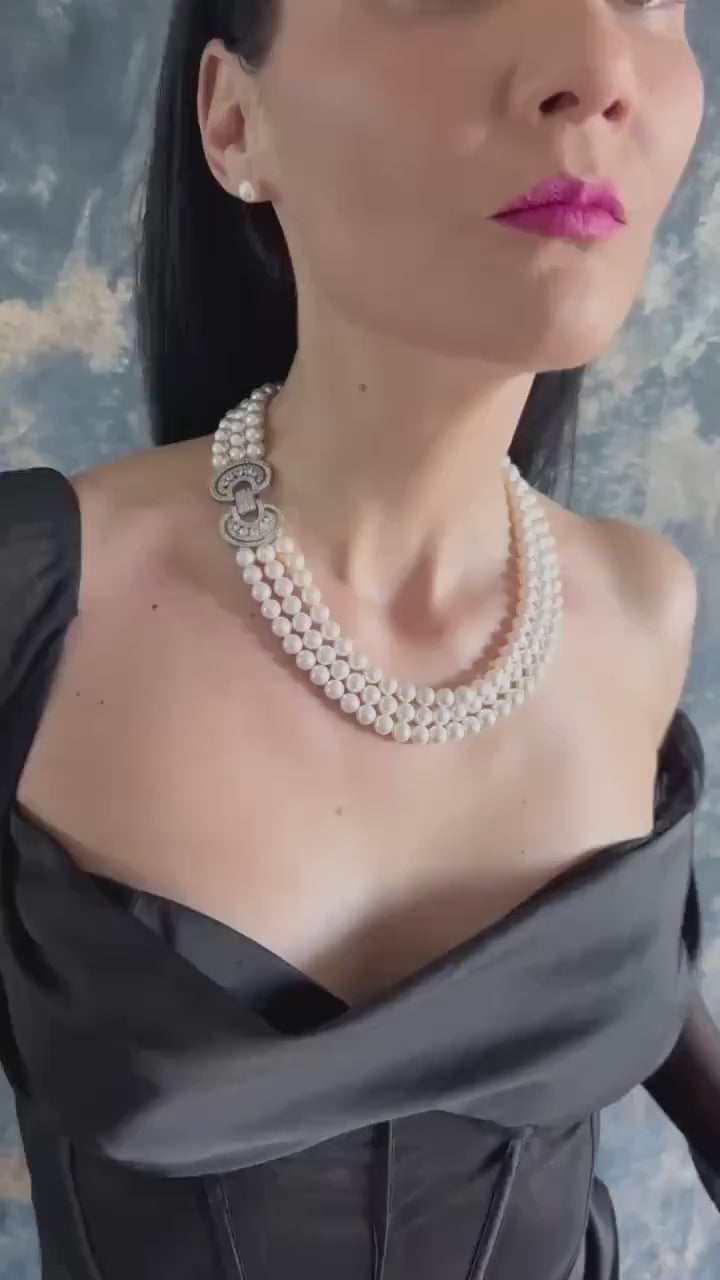 Triple strand pearl necklace with beautiful clasp, Layered bridal pearl necklace, Wedding Jewellery, Gift for Bridesmaids, Mother's Gift