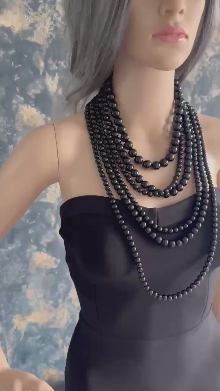 Black Agate Necklace Layered Statement Jewelry Piece Timeless Design Chunky Bead Cascade Multilayer Gold Clasp Elegant Costume Jewellery