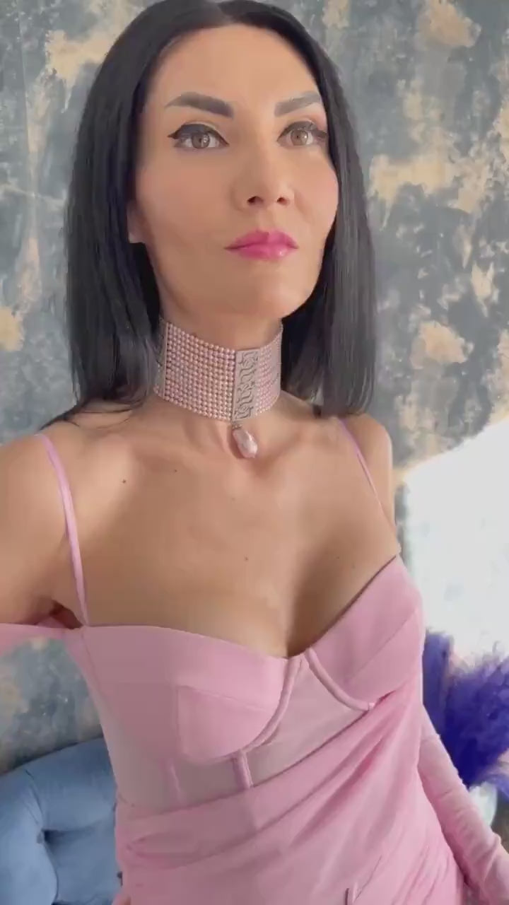 Pink Pearl Choker Necklace Handmade Crystal Jewelry Gift Idea Accessory Elegant Statement Beaded Collar Silver Metal Formal Wear Pink Lovers