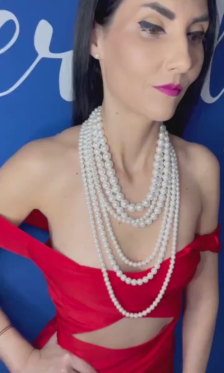 Chunky Pearl Necklace Cascade Design Statement Piece Costume Jewellery Multi Layer Oversized Accessory 1920 Party Elegant Style Classic Look