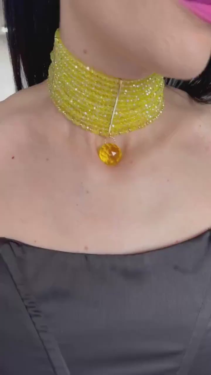 Sunshine Yellow Choker Necklace Bold Statement Collar Summer Party Jewelry Multi Strand Vacation Necklace Trendy Beaded Choker for Women