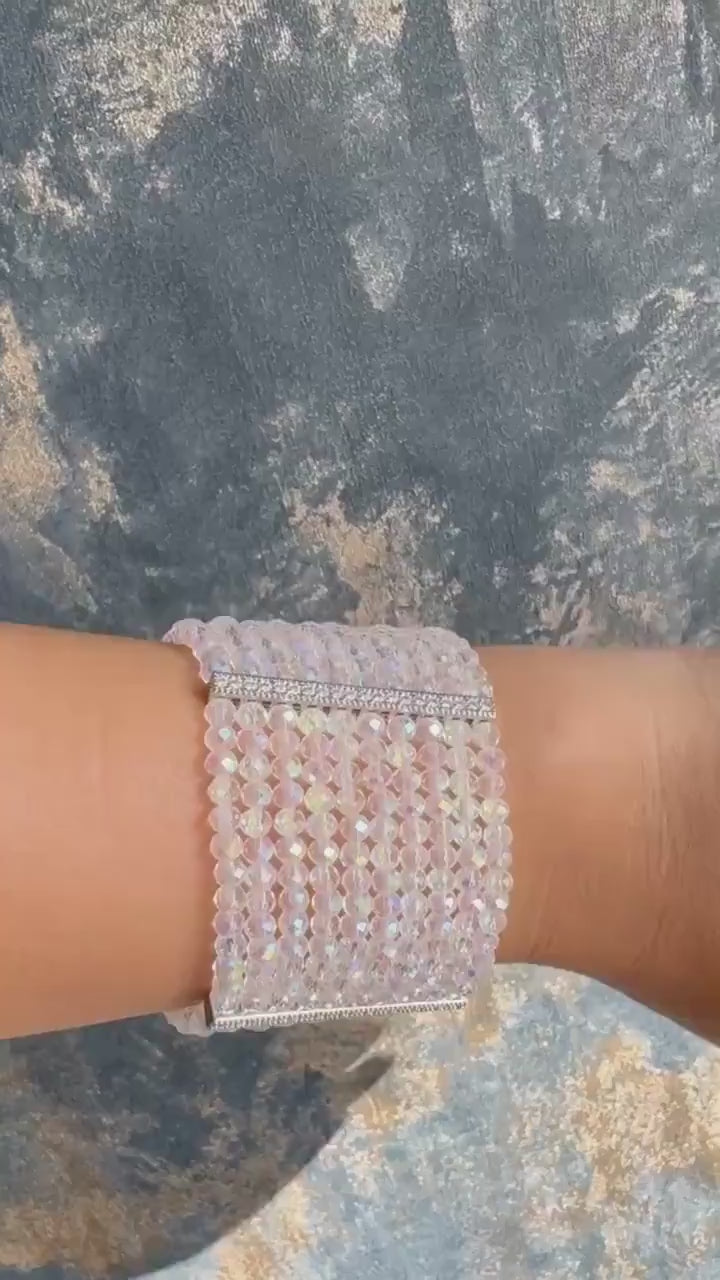 Crystal Cuff Bracelet Iridescent Wide Sparkly Beaded Jewelry Aurora Borealis Bridal Bracelet Statement Evening Wedding Accessory Formal Wear